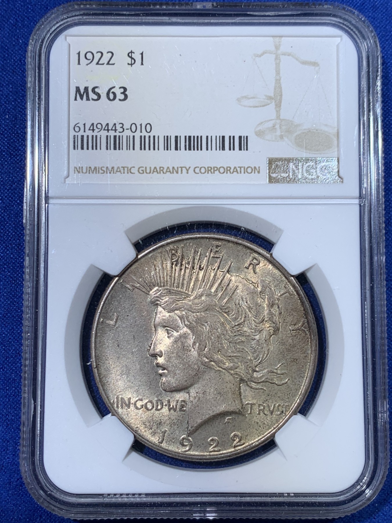 《竞宝斋》第263场-周日，周一 2场连拍 (全场包邮) NGC MS63 美国 1922年 1美元 和平银币 大银币 包浆醇厚有转光