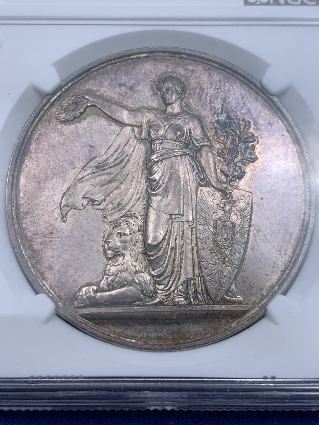 《竞宝斋》第263场-周日，周一 2场连拍 (全场包邮) NGC MS62 德国1875年斯图加特射击节纪念银章，镜面底板，双面五彩包浆，德国早期射击节大银章，稀少品种！