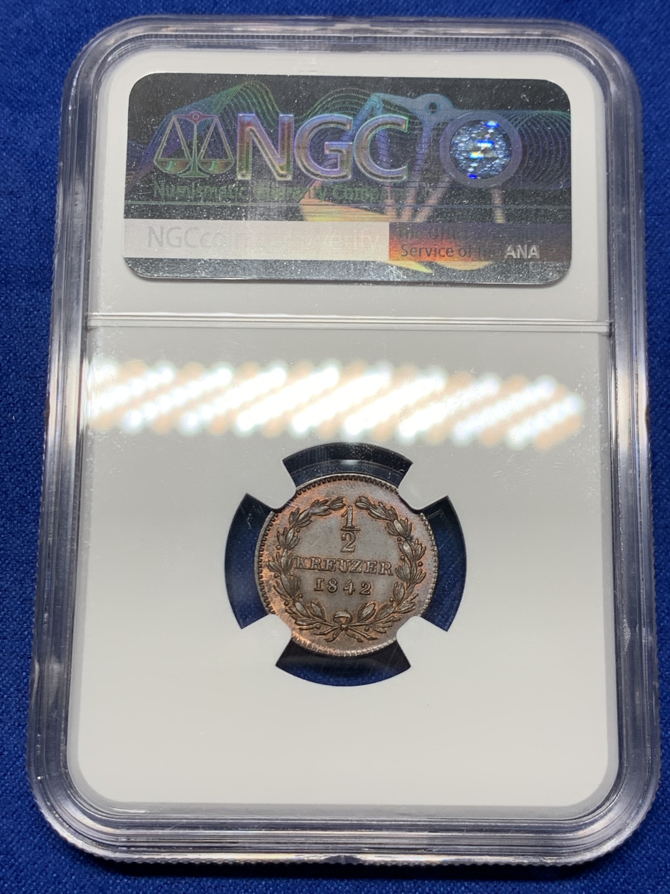 《竞宝斋》第263场-周日，周一 2场连拍 (全场包邮) NGC MS64BN 德国巴登1842年1/2克鲁泽 铜光犹在