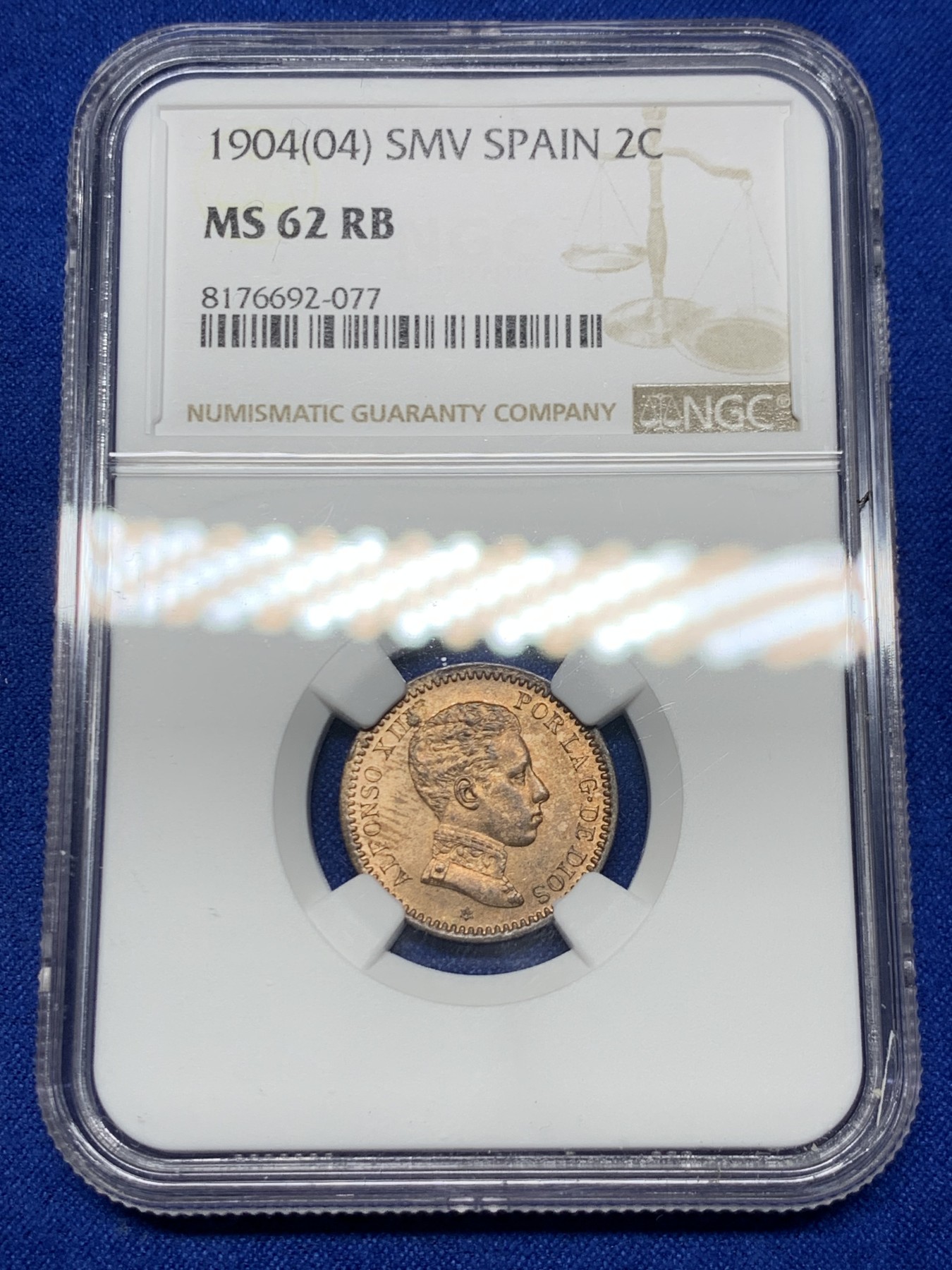 《竞宝斋》第263场-周日，周一 2场连拍 (全场包邮) NGC MS62RB 西班牙 1904年 阿方索十三世 2分军装版 铜币