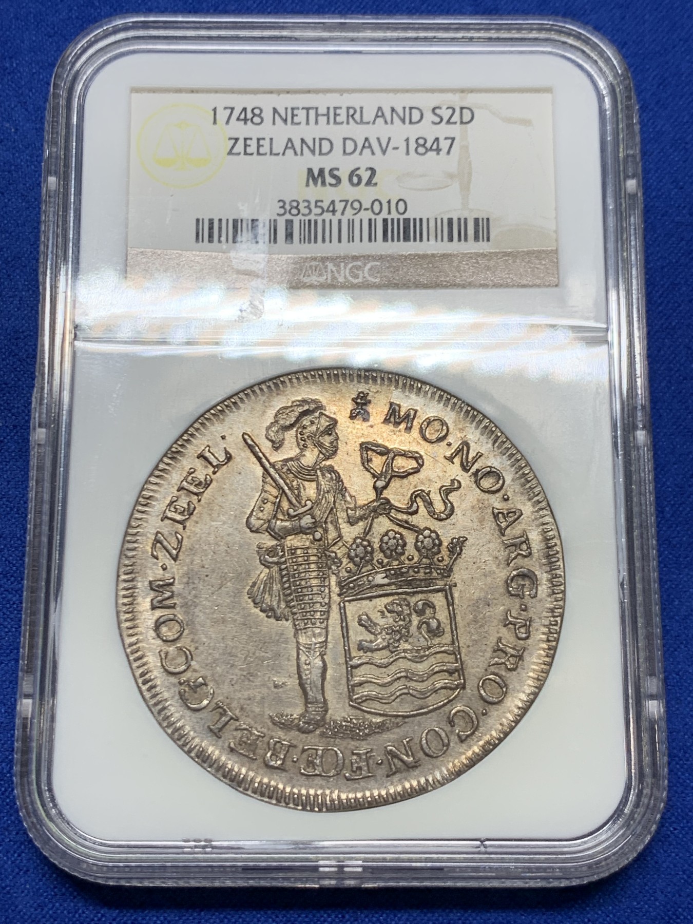 《竞宝斋》第263场-周日，周一 2场连拍 (全场包邮) NGC MS62 荷兰 1748 泽兰省 执剑武士 2杜卡特 大银币 56.5克超重规格 双面深打值得入藏