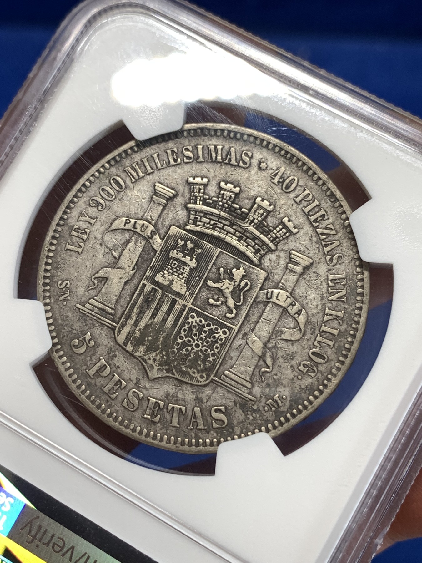 《竞宝斋》第263场-周日，周一 2场连拍 (全场包邮) NGC VFD 西班牙1870年双柱拿花女5比塞塔银币