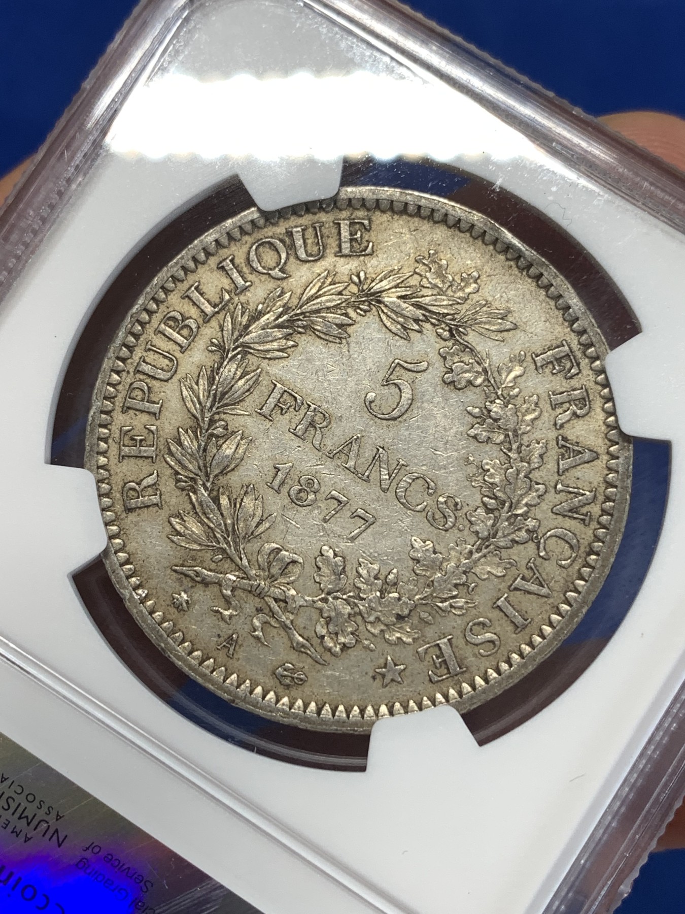 《竞宝斋》第263场-周日，周一 2场连拍 (全场包邮) NGC AU53 法国1877年 大力神 5法郎大银币