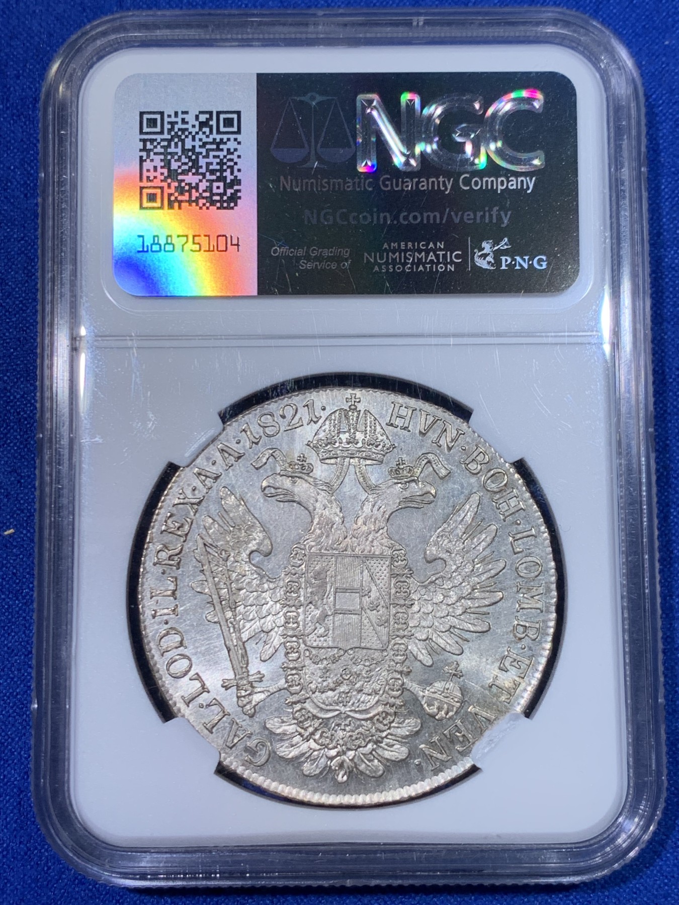 《竞宝斋》第263场-周日，周一 2场连拍 (全场包邮) NGC MS62 奥匈帝国 1821 奥地利 弗朗茨一世 泰勒大银币 细节清晰 背面PL版状态 该版本普遍弱打 本拍品状态极佳