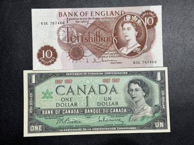 《外钞收藏家》第三百六十五期（连拍第二场） - 英国C序列10先令 全新轻微点钞痕+加拿大1刀 纪念钞 全新 两张一起