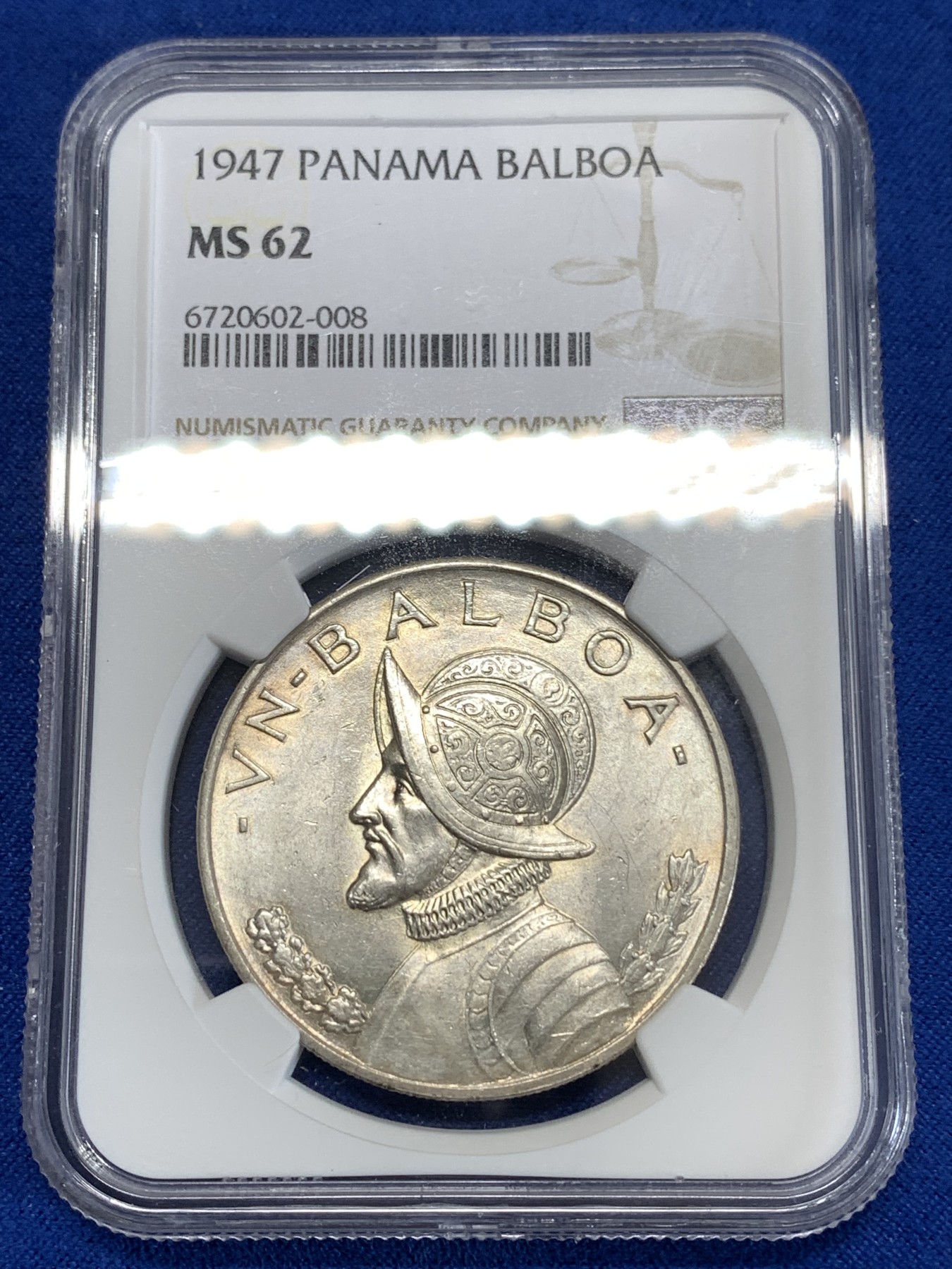 《竞宝斋》第263场-周日，周一 2场连拍 (全场包邮) NGC MS62 巴拿马1947年一巴尔博亚大银币，底板转光，拉丁美洲主币，有上涨空间。