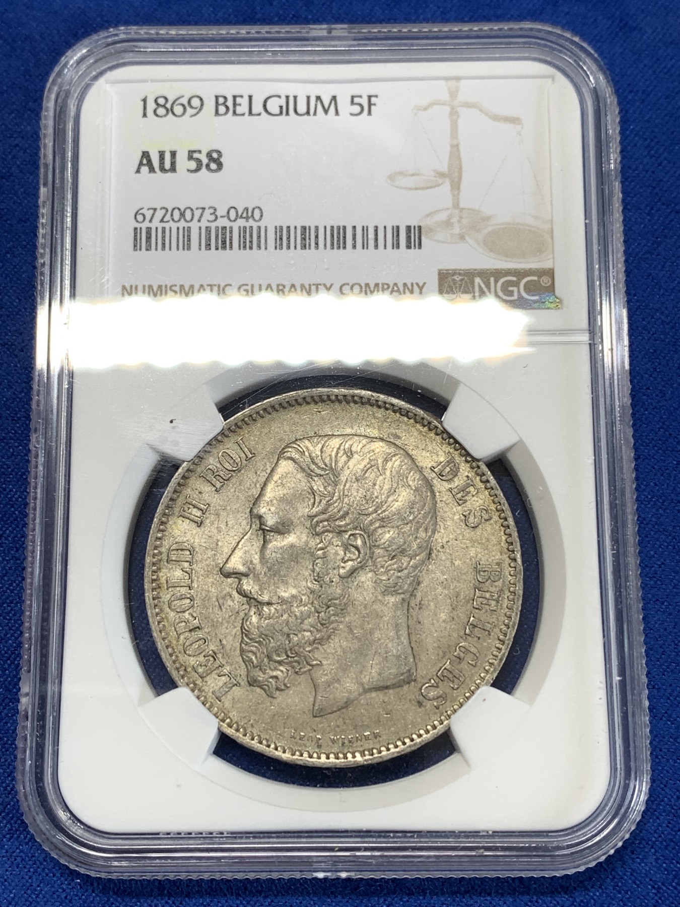 《竞宝斋》第263场-周日，周一 2场连拍 (全场包邮) NGC AU58 比利时 1869年大胡子利奥波德5法郎银币