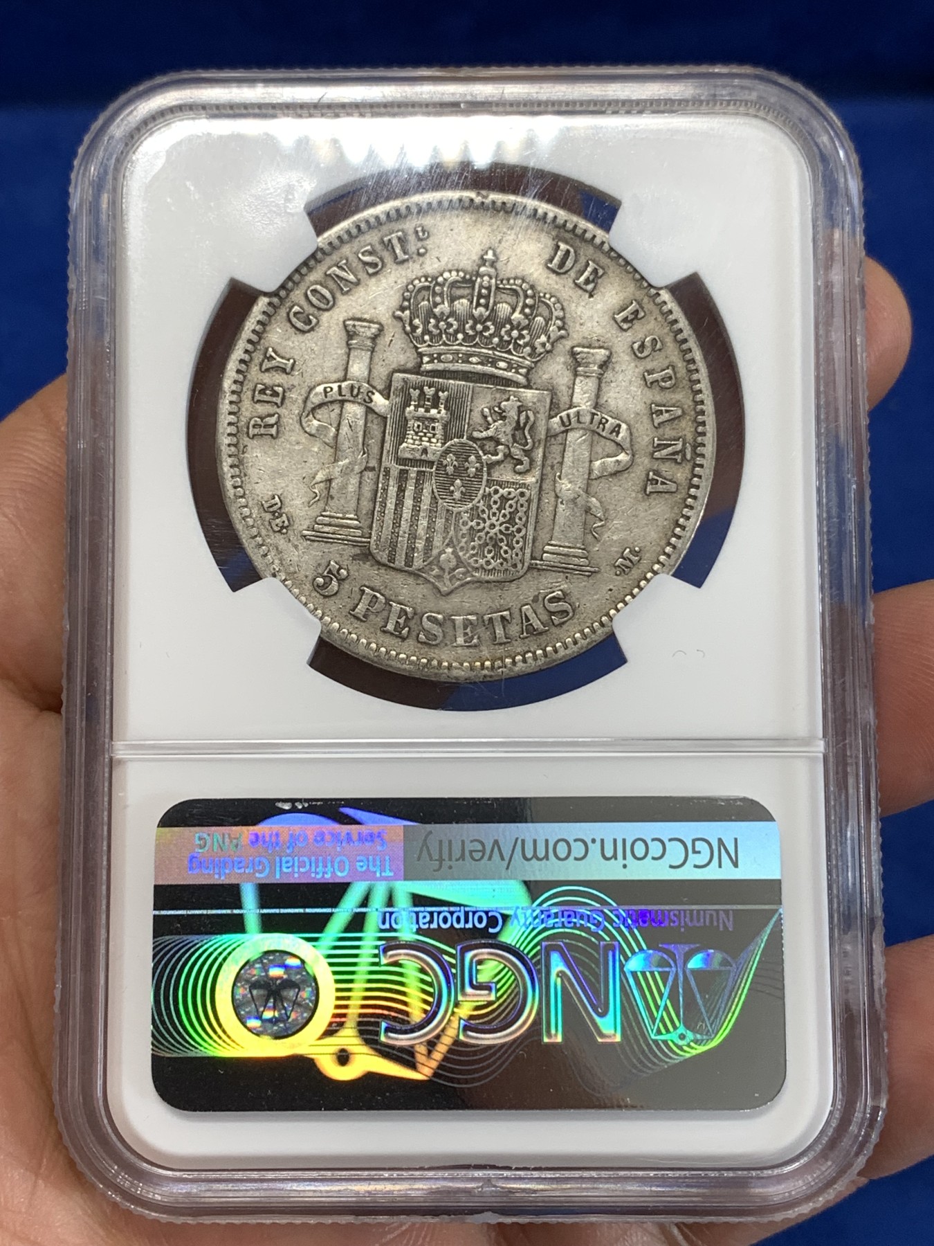 《竞宝斋》第263场-周日，周一 2场连拍 (全场包邮) NGC XF45 西班牙 1878年 阿方索十二世 5比塞塔 银币 原味好品