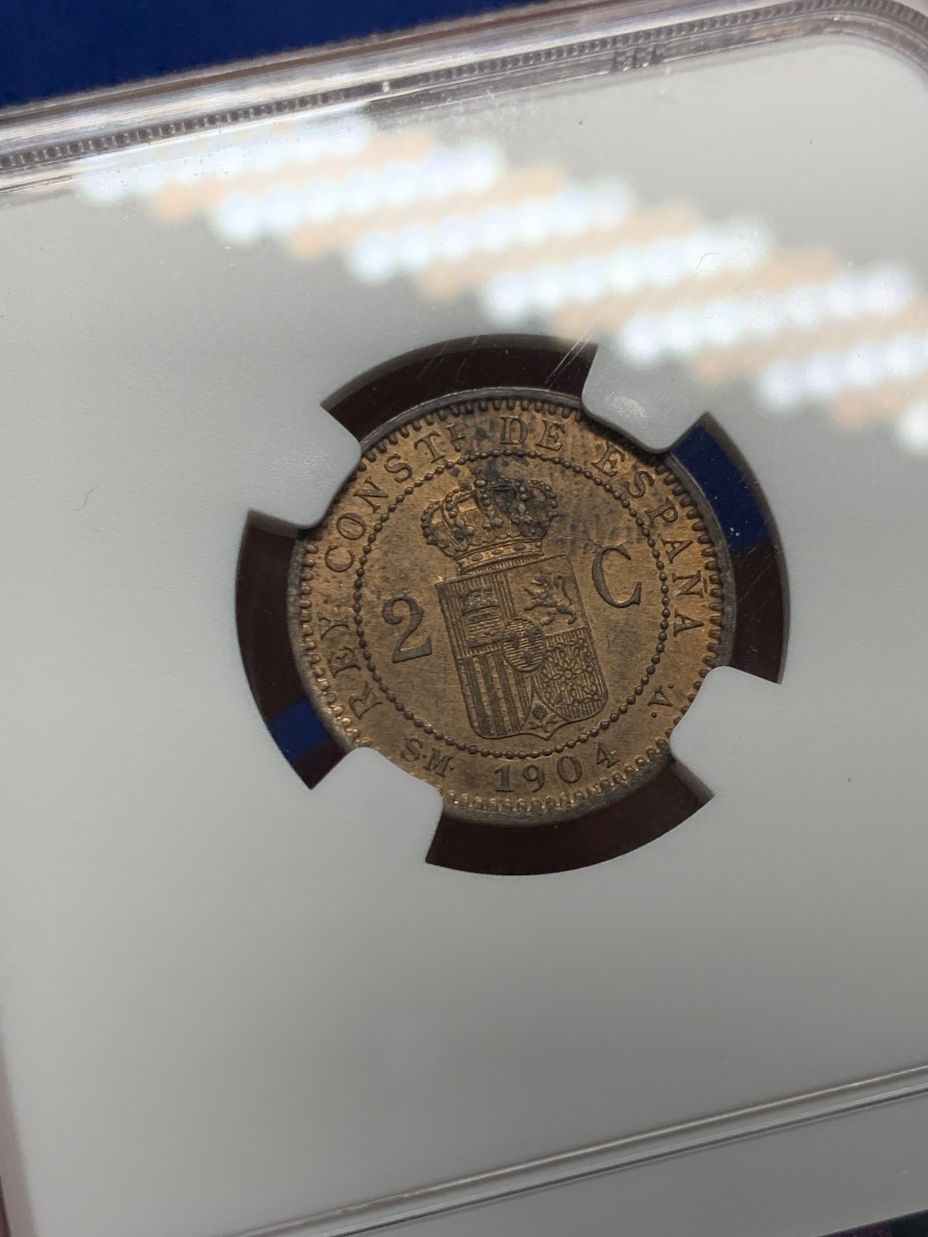 《竞宝斋》第263场-周日，周一 2场连拍 (全场包邮) NGC MS62RB 西班牙 1904年 阿方索十三世 2分军装版 铜币