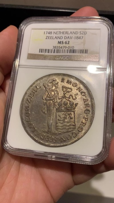 《竞宝斋》第263场-周日，周一 2场连拍 (全场包邮) NGC MS62 荷兰 1748 泽兰省 执剑武士 2杜卡特 大银币 56.5克超重规格 双面深打值得入藏