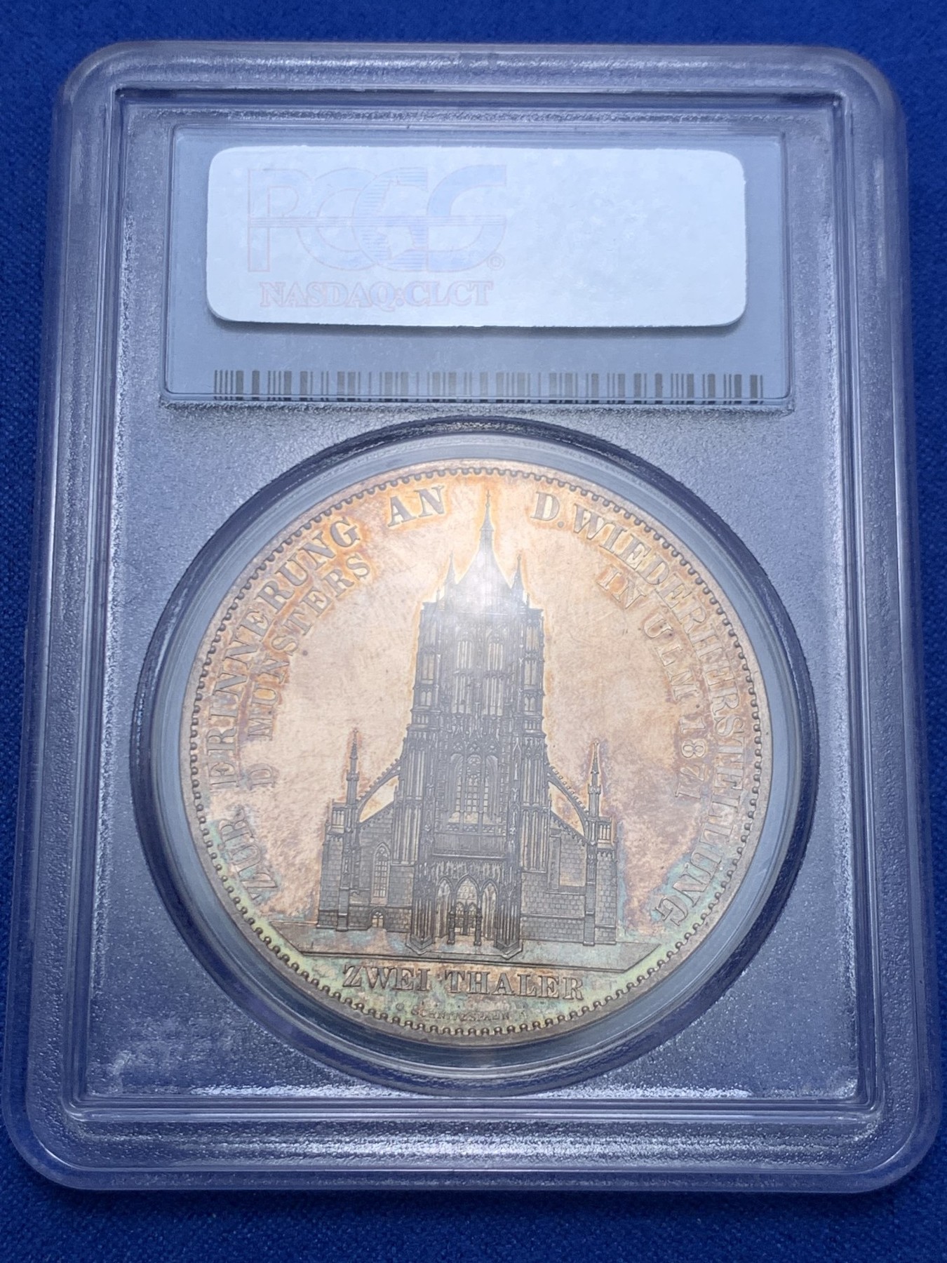 《竞宝斋》第263场-周日，周一 2场连拍 (全场包邮) PCGS PR62CAM 德国 1871乌尔姆大教堂精制2泰勒银币 热门品种 金彩包浆非常漂亮