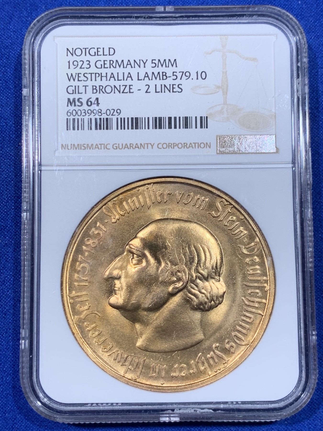 《竞宝斋》第263场-周日，周一 2场连拍 (全场包邮) NGC MS64 德国 1923年 500万马克紧急状态币 两行字版本 镀金层完整