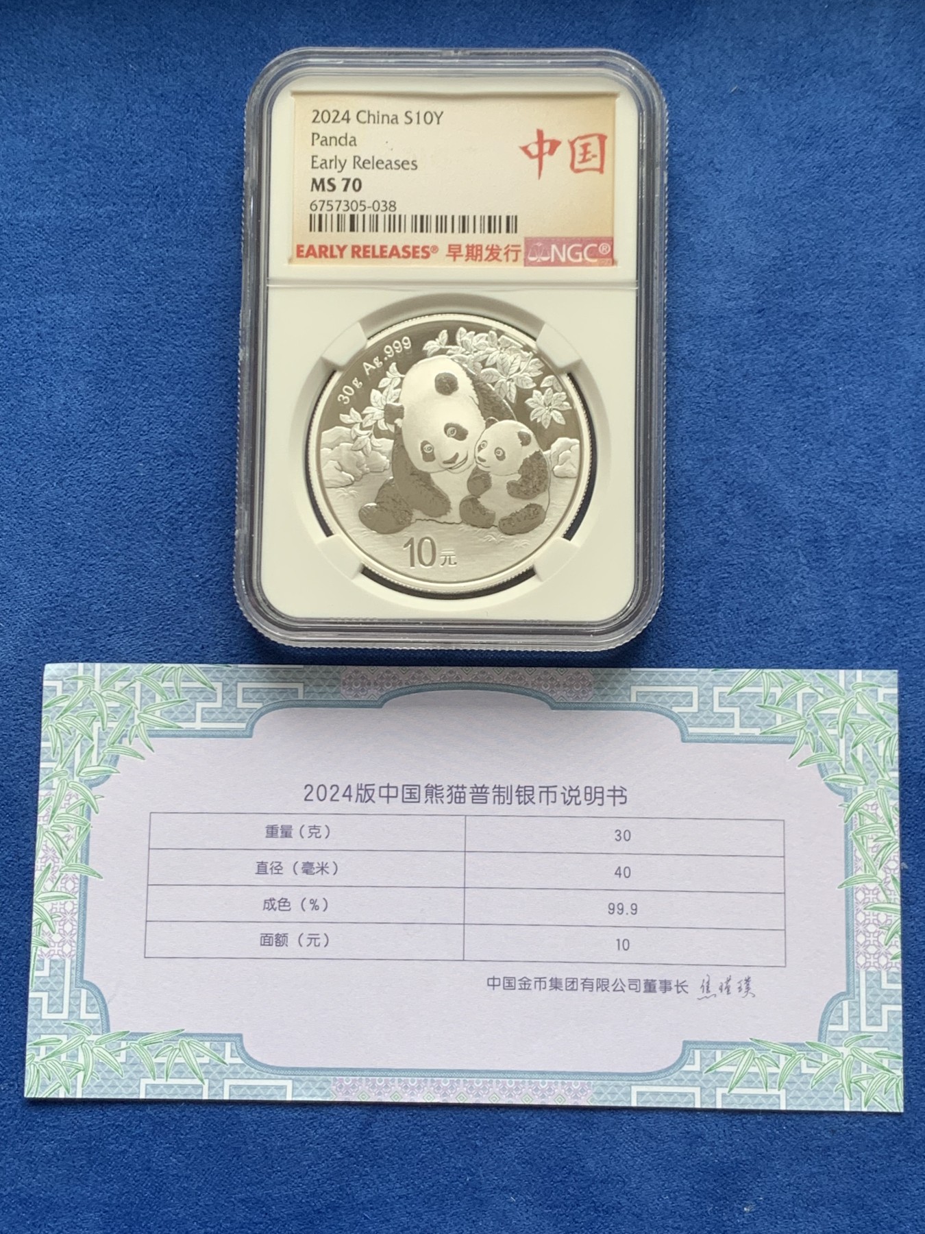 《竞宝斋》第263场-周日，周一 2场连拍 (全场包邮) NGC MS70 中国 2024年 10元 30克熊猫币 银币（含证书）