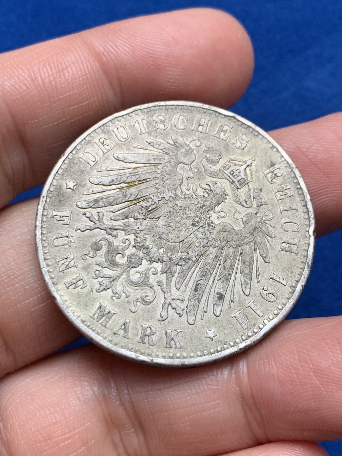 《竞宝斋》第263场-周日，周一 2场连拍 (全场包邮) 德国1911年巴伐利亚利奥波德5马克大银币 原味包浆 自然流通