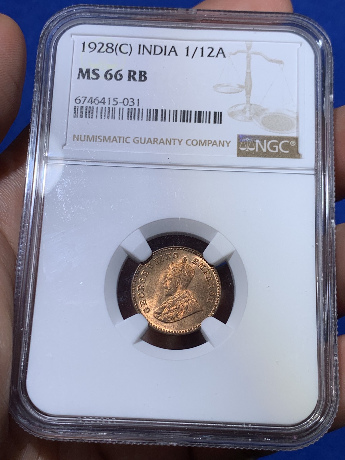 《竞宝斋》第263场-周日，周一 2场连拍 (全场包邮) NGC MS66RB 英属印度 1928（C）1/12A 铜币