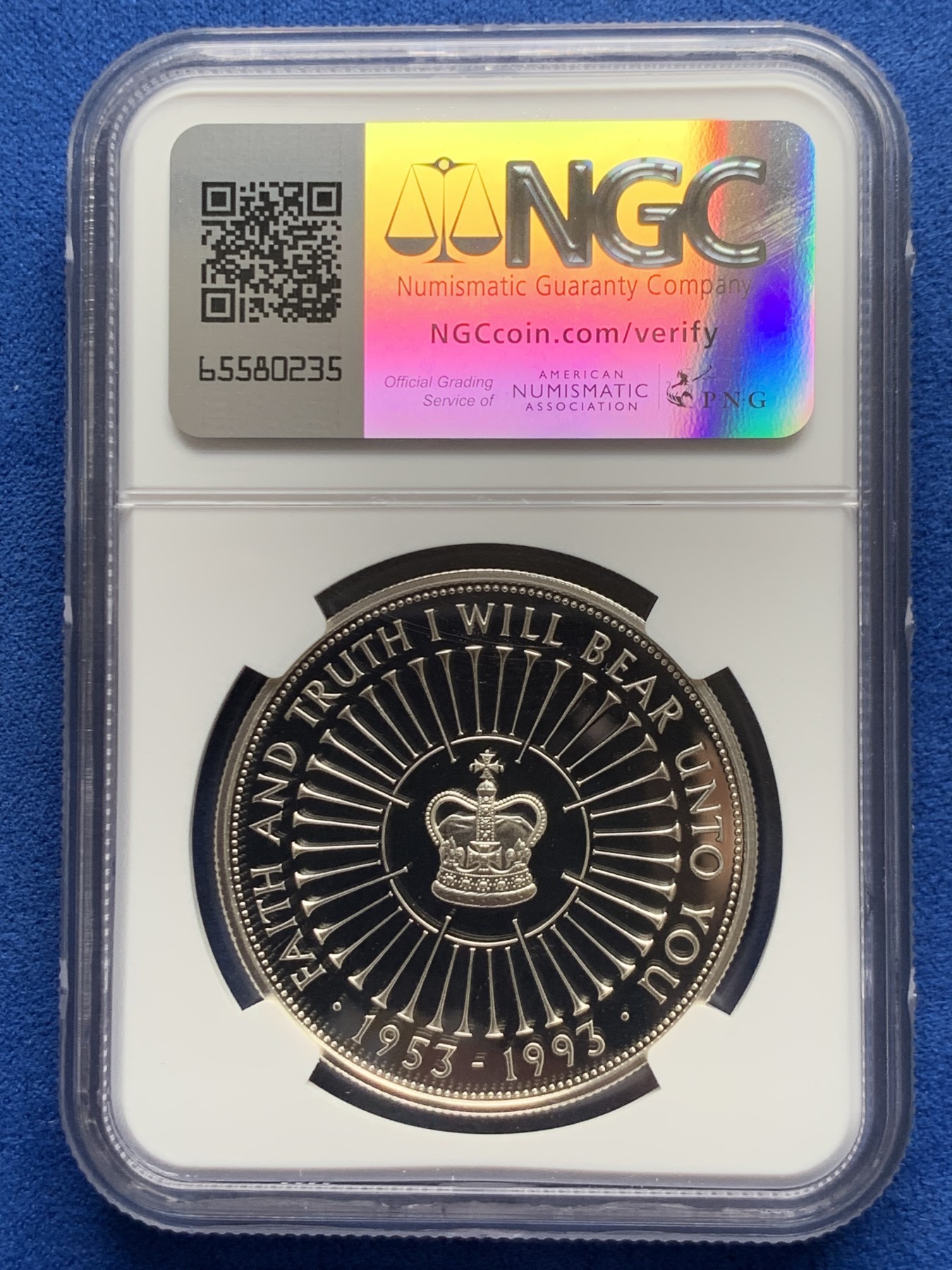 《竞宝斋》第263场-周日，周一 2场连拍 (全场包邮) NGC PF69UC 英国 1993年 女王伊丽莎白二世加冕40周年 5镑 银币（证书齐全，性价比超高）