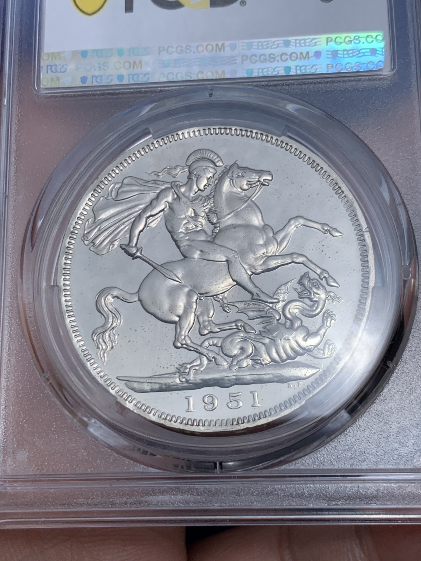《竞宝斋》第263场-周日，周一 2场连拍 (全场包邮) PCGS PL65 英国1951乔治六世镍马剑 此币P家高分不容易 能评上65的不多 经典马剑的雄风尽在大英