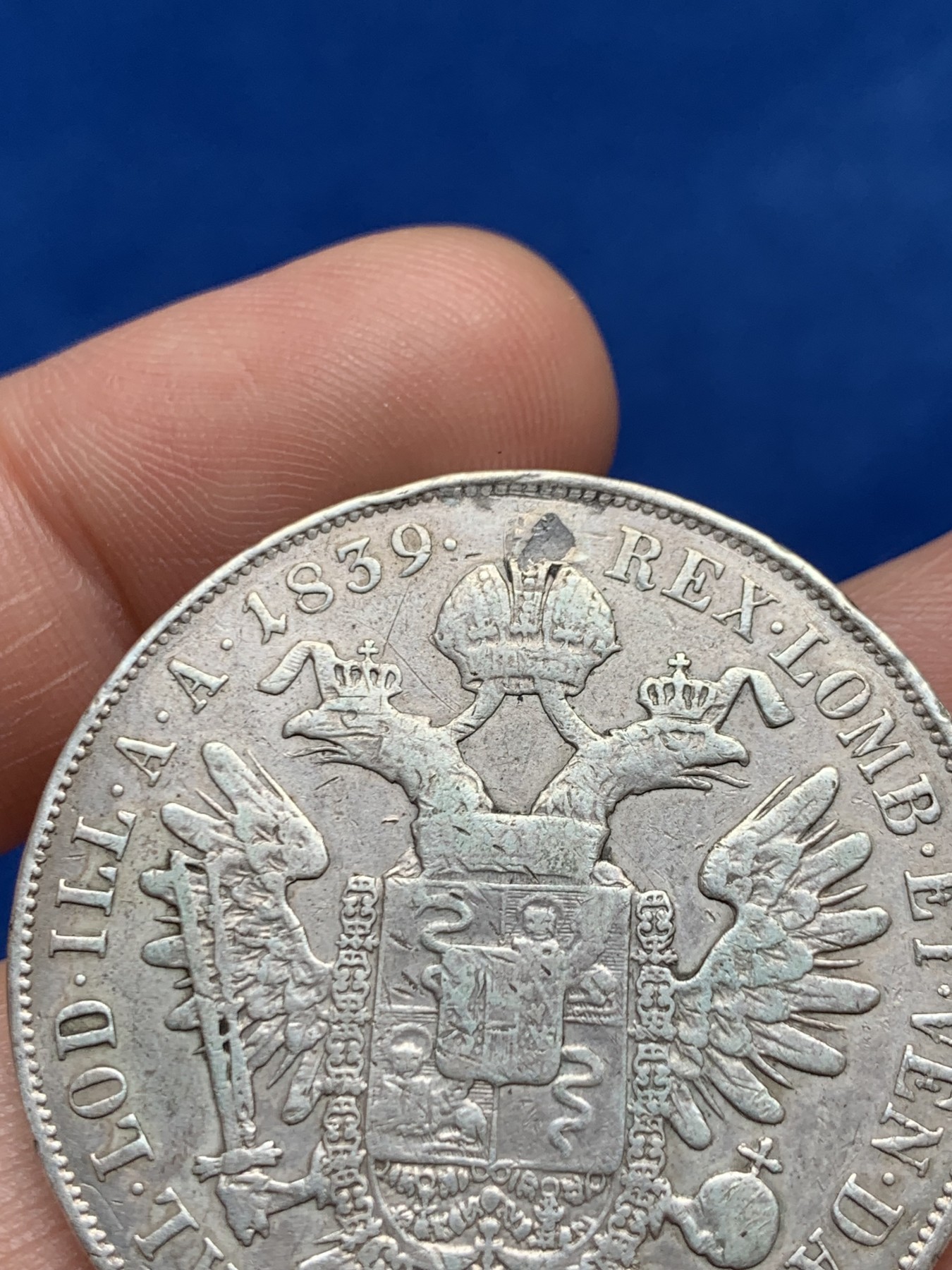 《竞宝斋》第263场-周日，周一 2场连拍 (全场包邮) 奥占意大利伦巴第 1839年 斐迪南一世 1斯库多大银币 铸量未知 极为罕见 12点处有打孔修补痕迹