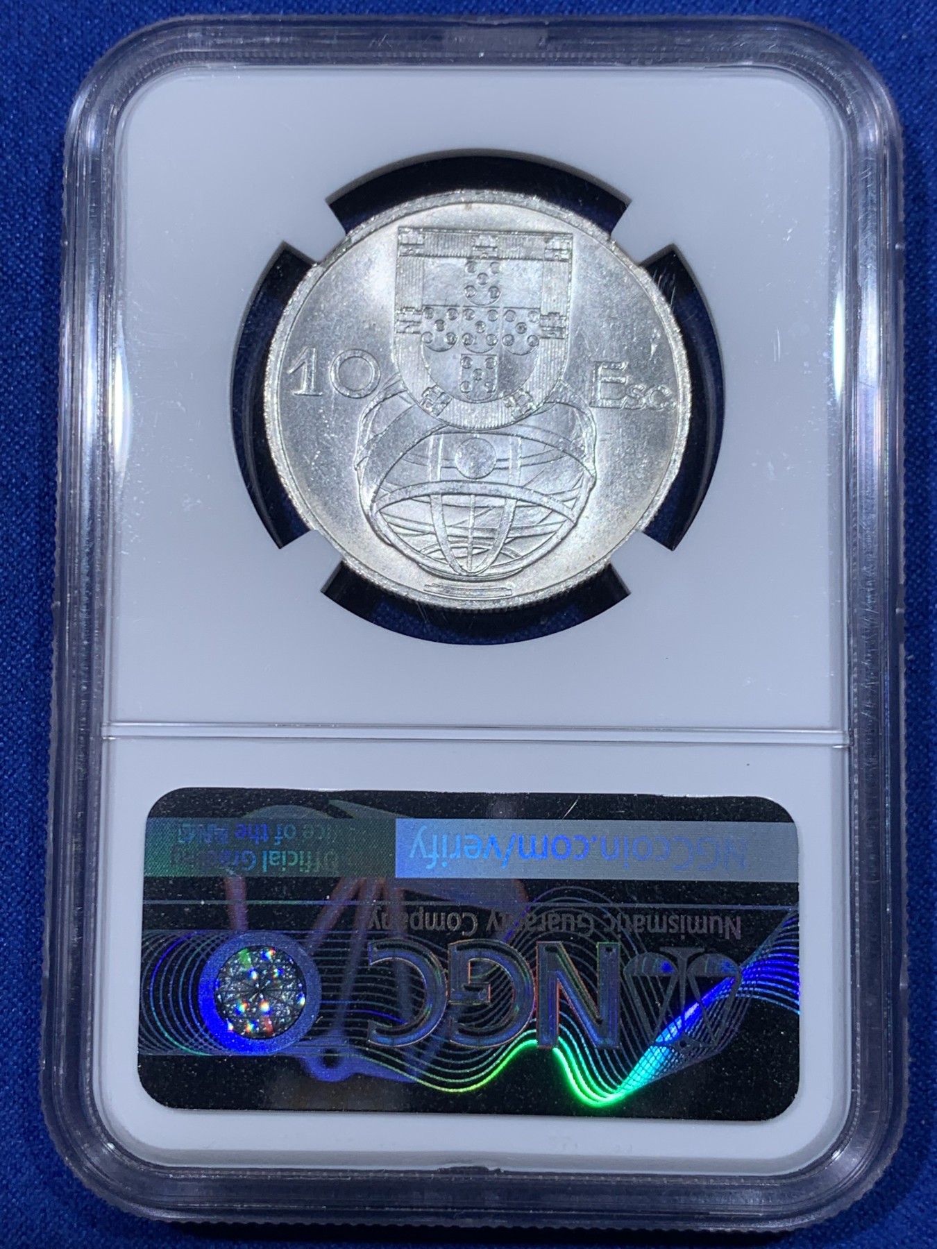 《竞宝斋》第263场-周日，周一 2场连拍 (全场包邮) NGC MS65 葡萄牙1955年大帆船10埃斯库多银币，原光美品，难得的状态