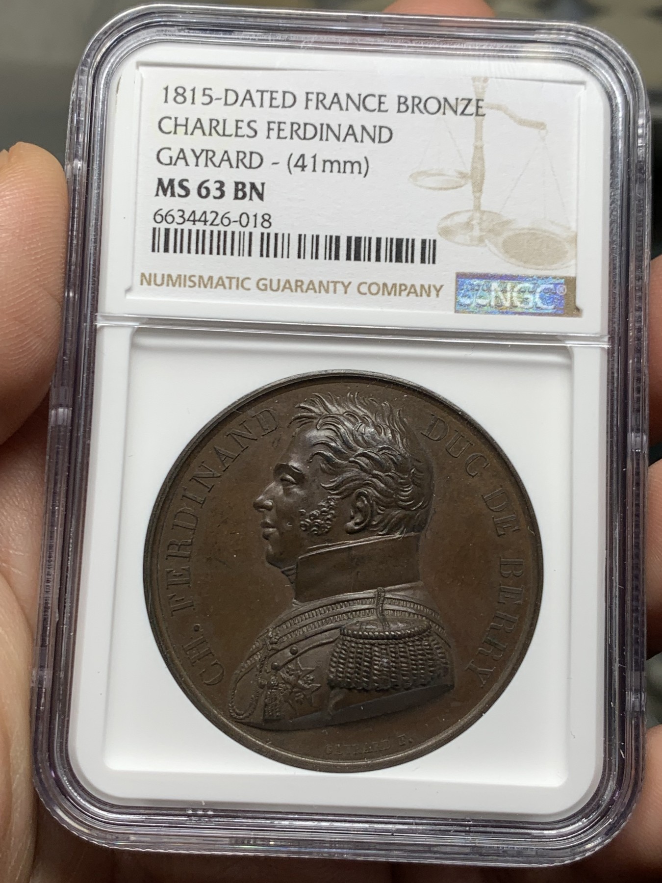 《竞宝斋》第263场-周日，周一 2场连拍 (全场包邮) NGC MS63BN 法国1815查尔斯·费迪南德铜章 高浮雕 加厚盒 细节好