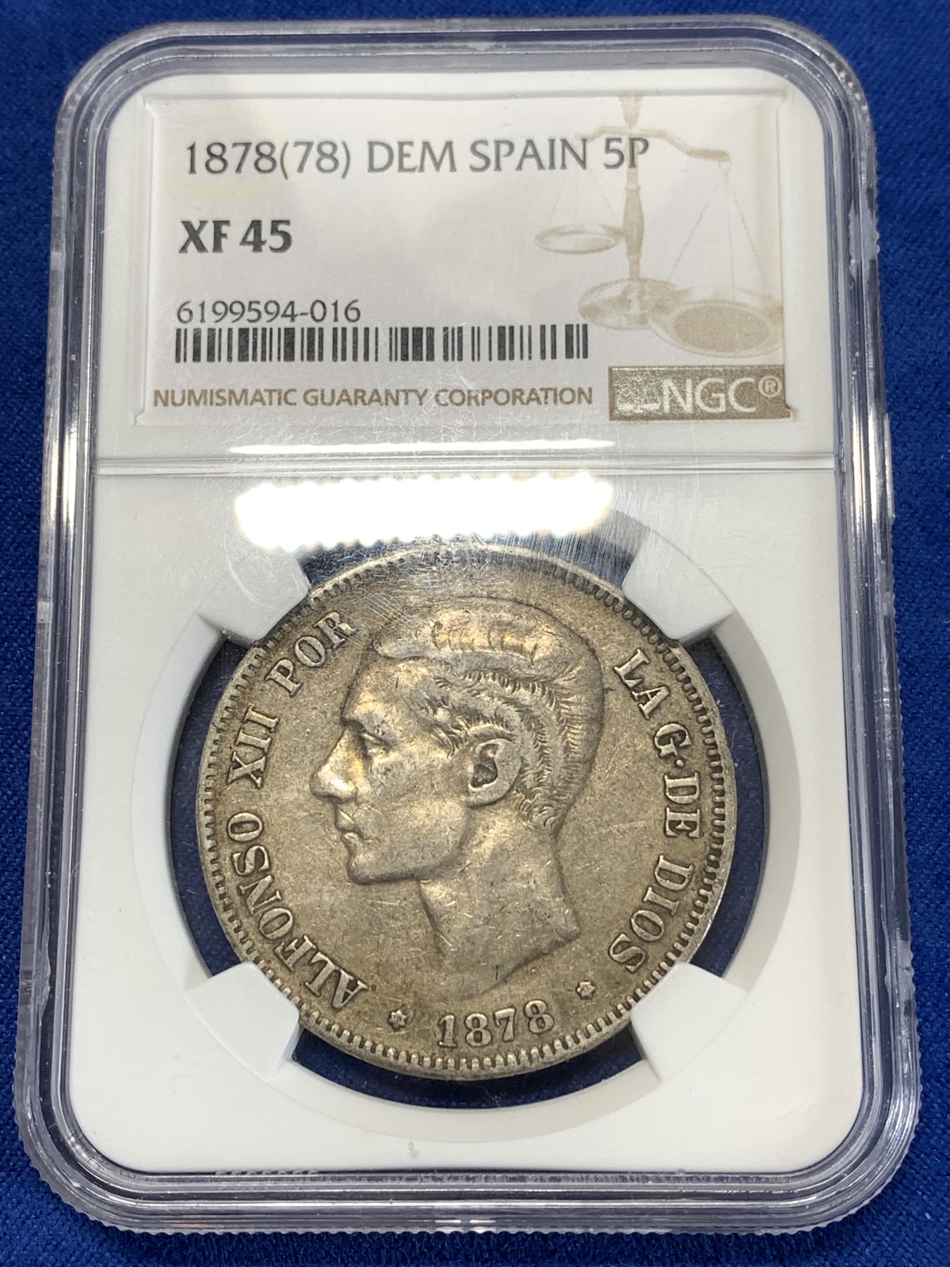 《竞宝斋》第263场-周日，周一 2场连拍 (全场包邮) NGC XF45 西班牙 1878年 阿方索十二世 5比塞塔 银币 原味好品