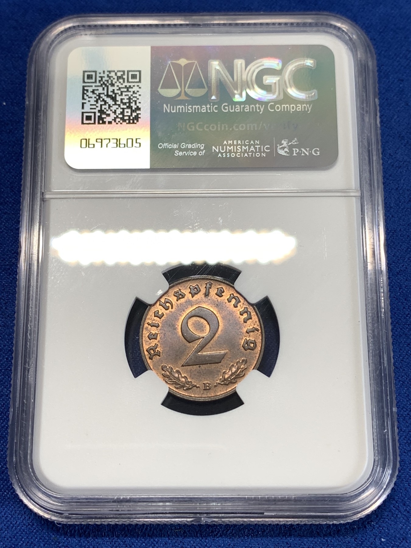 《竞宝斋》第263场-周日，周一 2场连拍 (全场包邮) NGC MS64RB 1939B德国2芬尼