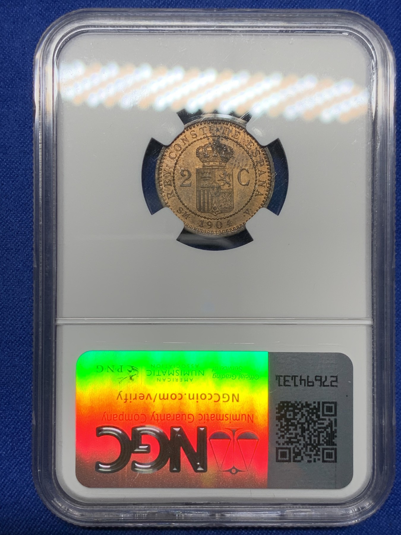 《竞宝斋》第263场-周日，周一 2场连拍 (全场包邮) NGC MS62RB 西班牙 1904年 阿方索十三世 2分军装版 铜币