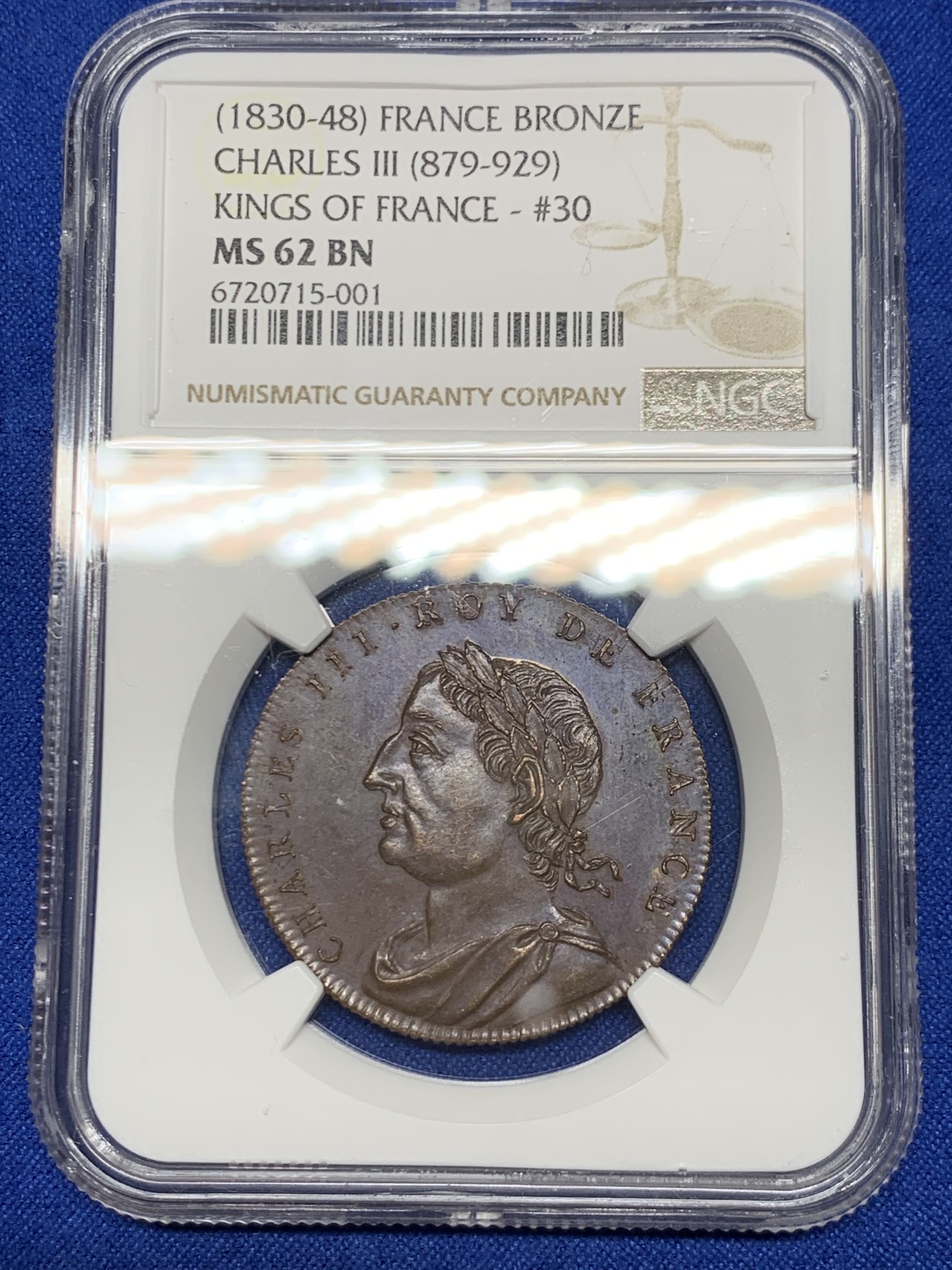 《竞宝斋》第263场-周日，周一 2场连拍 (全场包邮) NGC MS62BN 法国 1830-48 国王系列 查尔斯三世铜章 少见品种