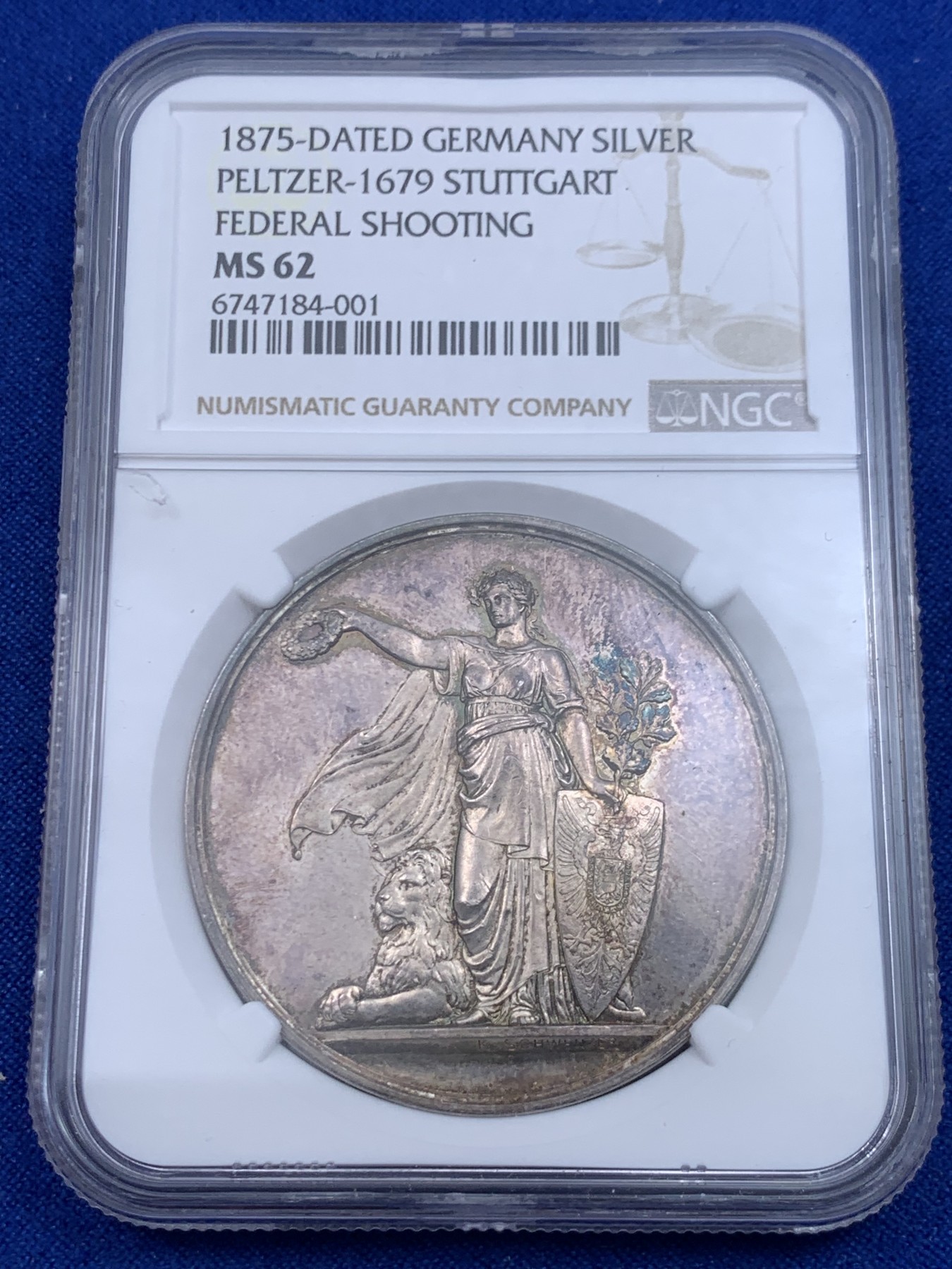 《竞宝斋》第263场-周日，周一 2场连拍 (全场包邮) NGC MS62 德国1875年斯图加特射击节纪念银章，镜面底板，双面五彩包浆，德国早期射击节大银章，稀少品种！