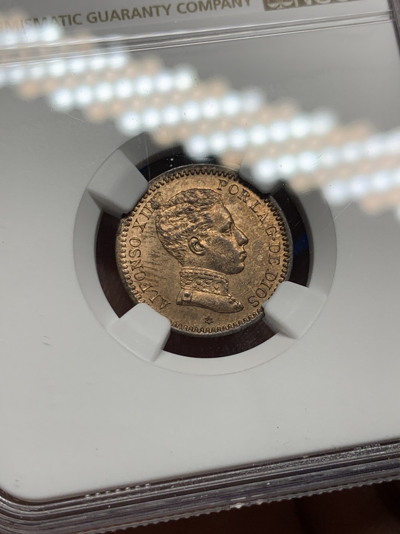 《竞宝斋》第263场-周日，周一 2场连拍 (全场包邮) NGC MS62RB 西班牙 1904年 阿方索十三世 2分军装版 铜币