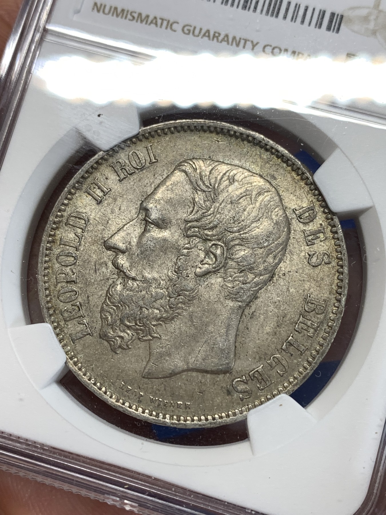 《竞宝斋》第263场-周日，周一 2场连拍 (全场包邮) NGC AU58 比利时 1869年大胡子利奥波德5法郎银币