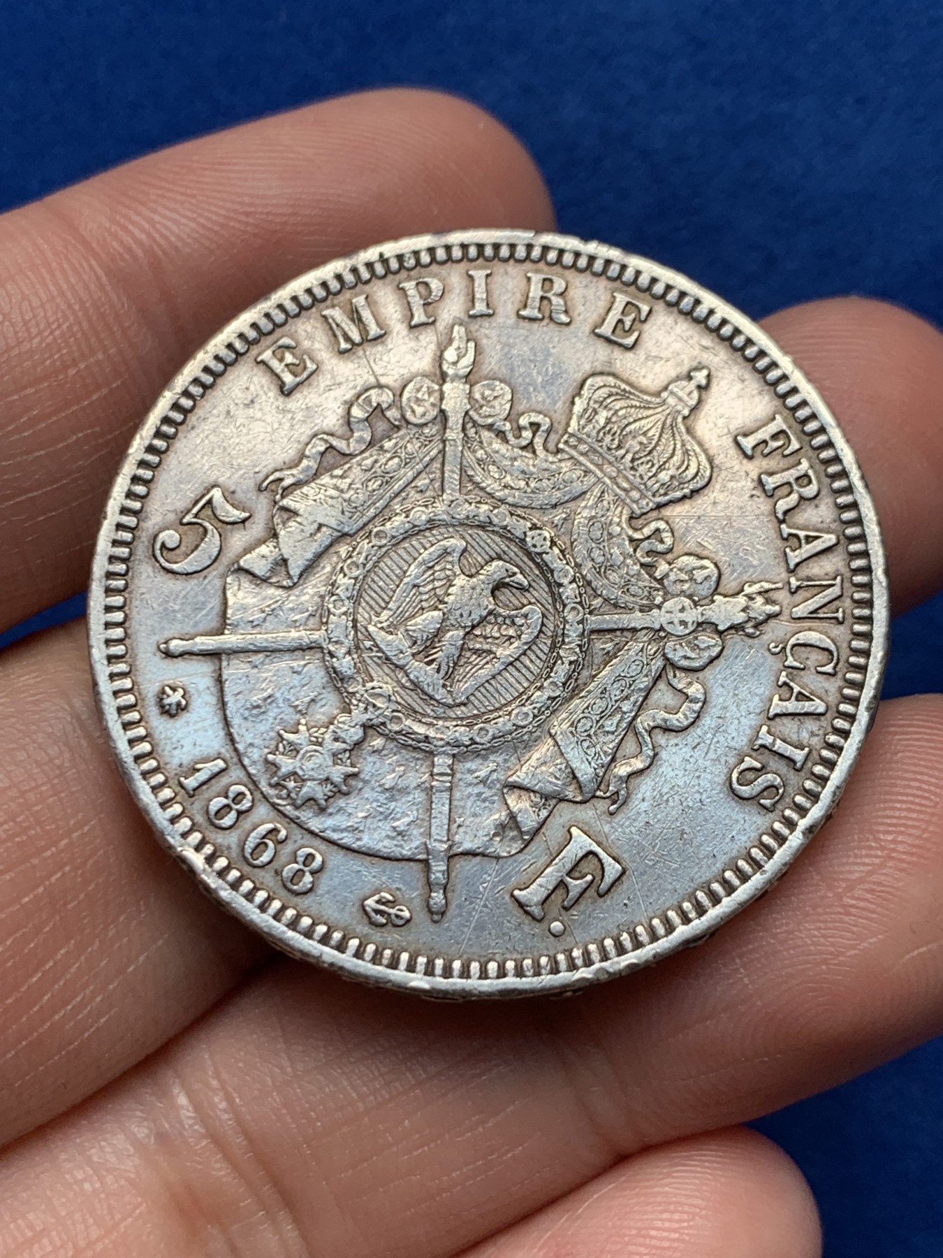 《竞宝斋》第263场-周日，周一 2场连拍 (全场包邮) 法国 1868年 5法郎 拿破仑三世 大银币