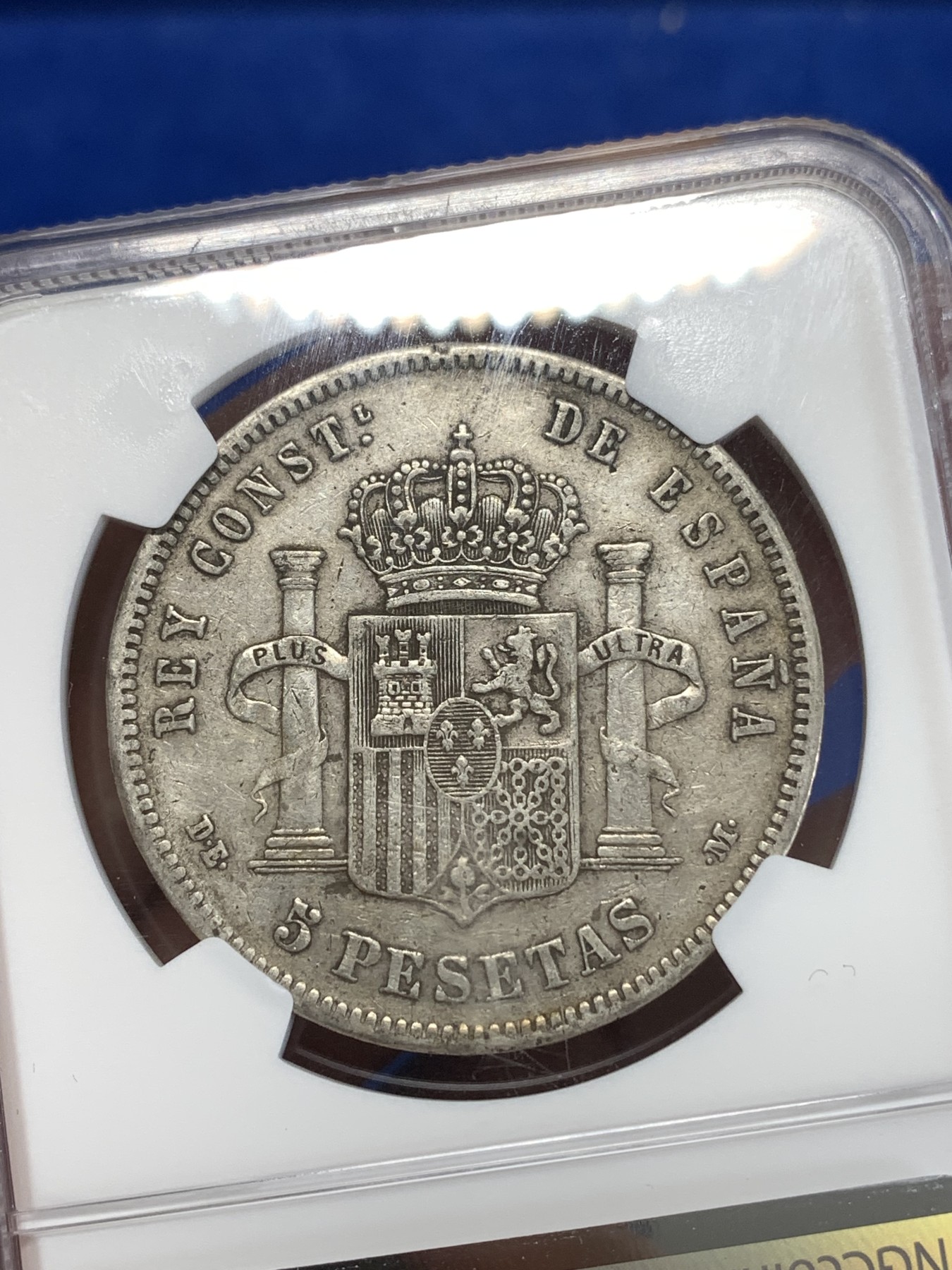 《竞宝斋》第263场-周日，周一 2场连拍 (全场包邮) NGC XF45 西班牙 1878年 阿方索十二世 5比塞塔 银币 原味好品