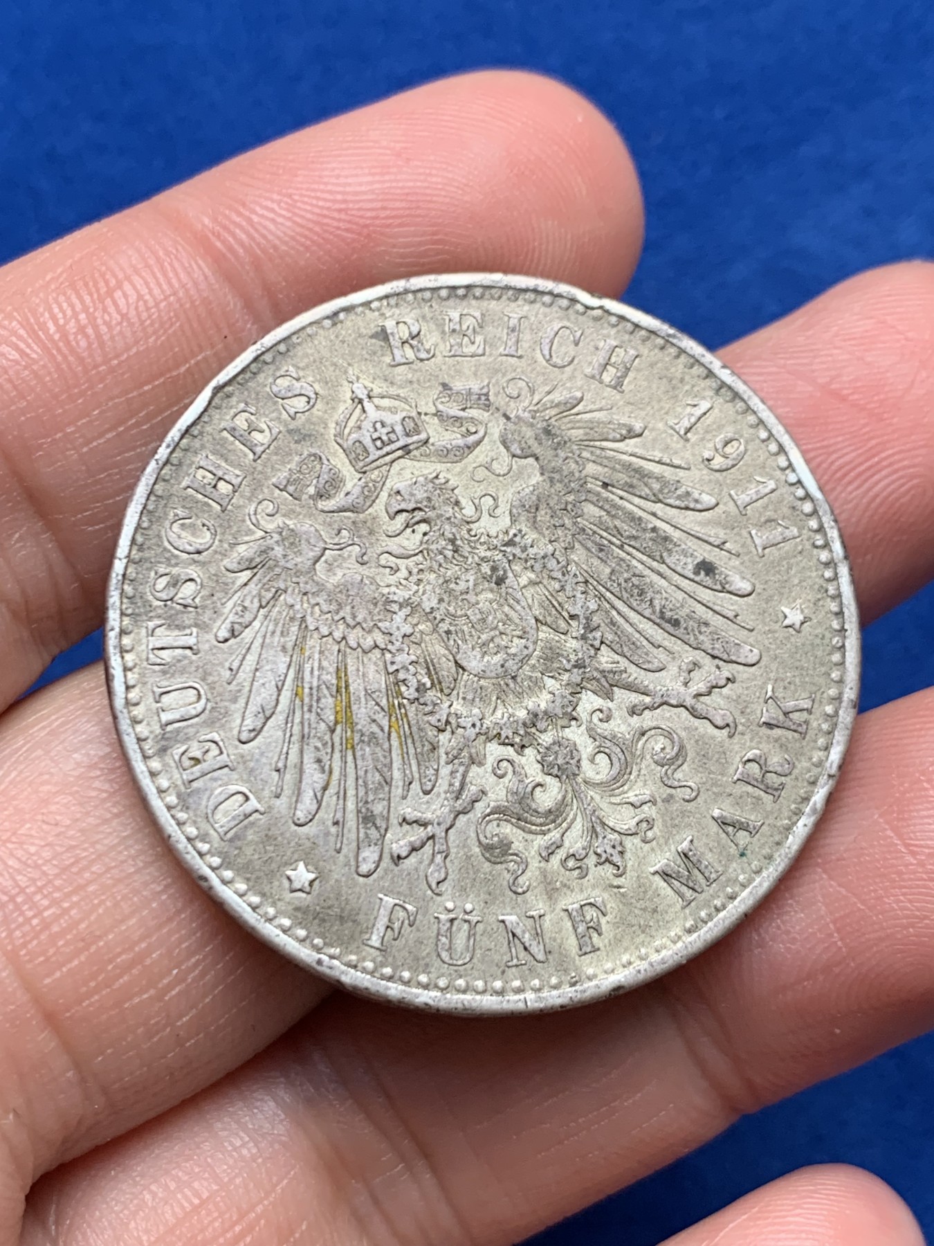 《竞宝斋》第263场-周日，周一 2场连拍 (全场包邮) 德国1911年巴伐利亚利奥波德5马克大银币 原味包浆 自然流通