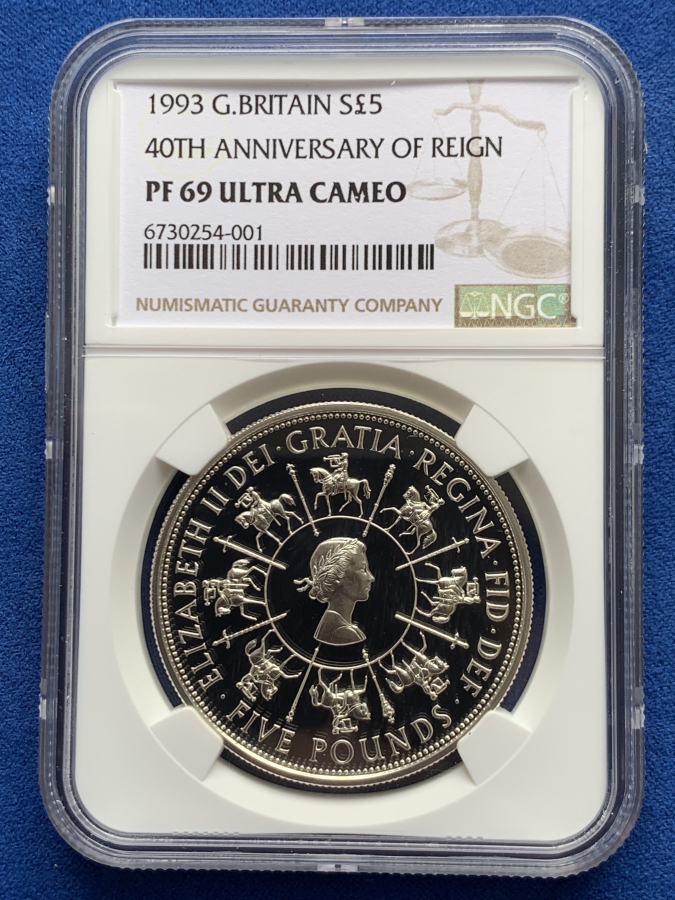 《竞宝斋》第263场-周日，周一 2场连拍 (全场包邮) NGC PF69UC 英国 1993年 女王伊丽莎白二世加冕40周年 5镑 银币（证书齐全，性价比超高）