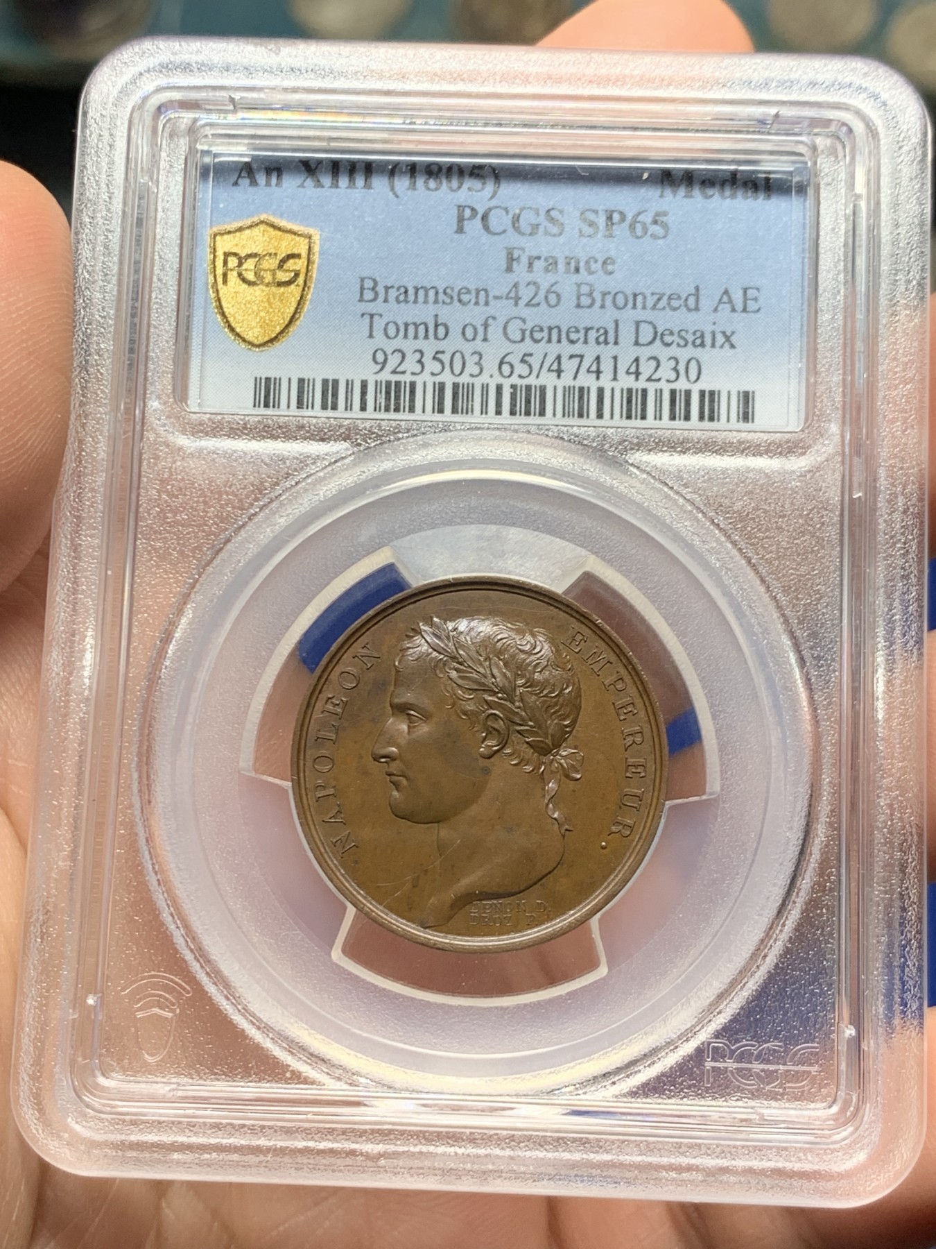 《竞宝斋》第263场-周日，周一 2场连拍 (全场包邮) PCGS 冠军分 唯一SP65 拿破仑铜章 1805 纪念Desaix将军 拿破仑的头牌将军