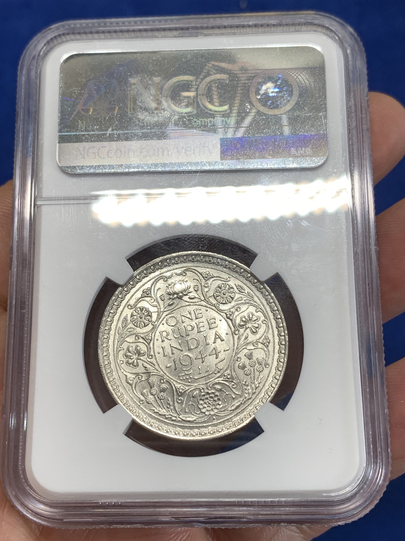 《竞宝斋》第263场-周日，周一 2场连拍 (全场包邮) NGC MS62 英属印度 1944年B版 乔治六世 1卢比银币