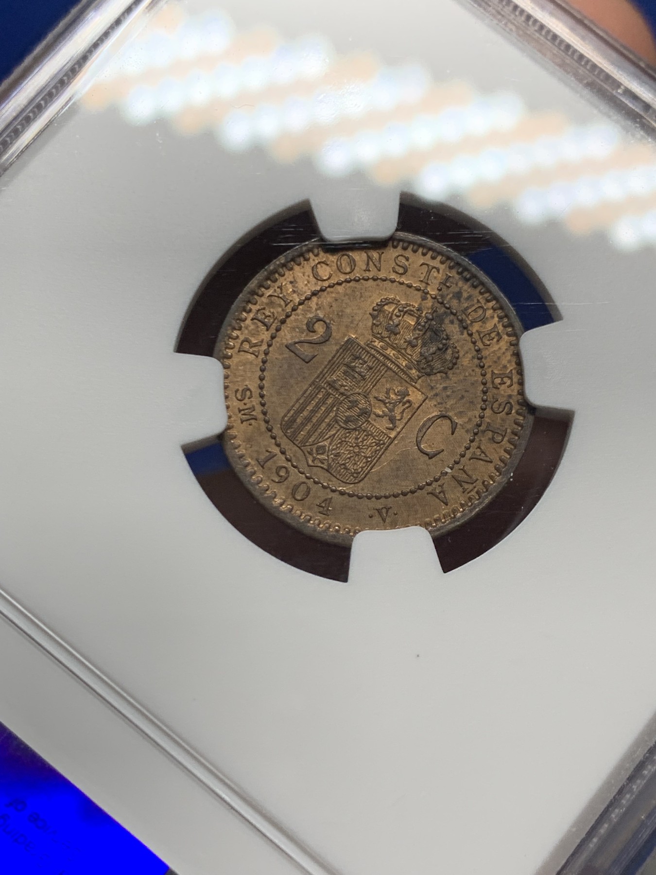 《竞宝斋》第263场-周日，周一 2场连拍 (全场包邮) NGC MS62RB 西班牙 1904年 阿方索十三世 2分军装版 铜币