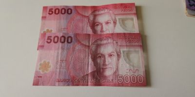零零发五月纸币拍卖 无佣金 - 智利2000比索2张有针眼