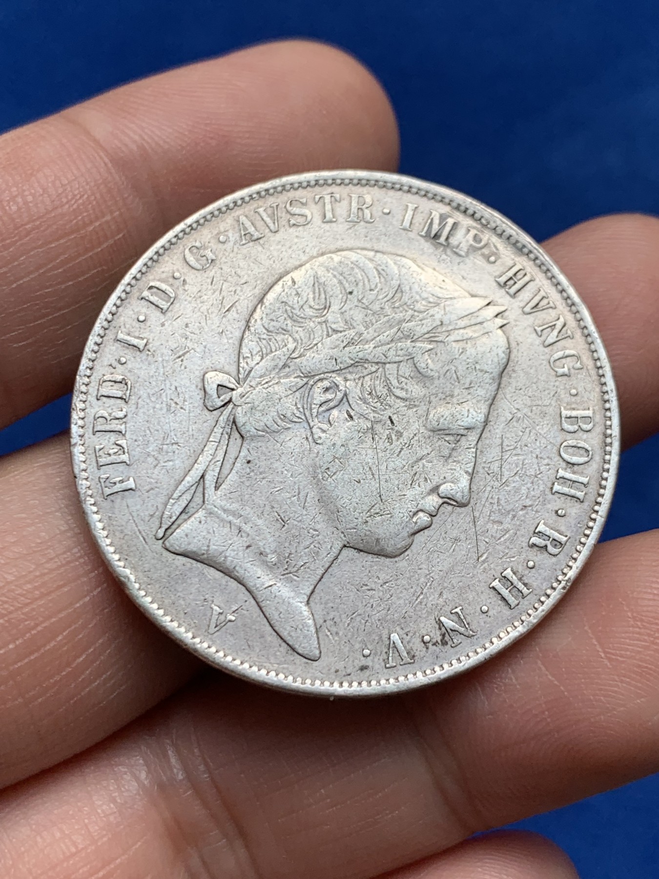 《竞宝斋》第263场-周日，周一 2场连拍 (全场包邮) 奥占意大利伦巴第 1839年 斐迪南一世 1斯库多大银币 铸量未知 极为罕见 12点处有打孔修补痕迹