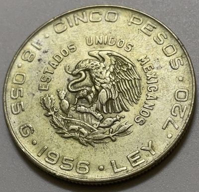 文馨钱币收藏120 场，中外古币，版本明细分好了（单场拍五件以上送随机硬币两枚） - 全品 1956 年墨西哥大银元 5 比索银币