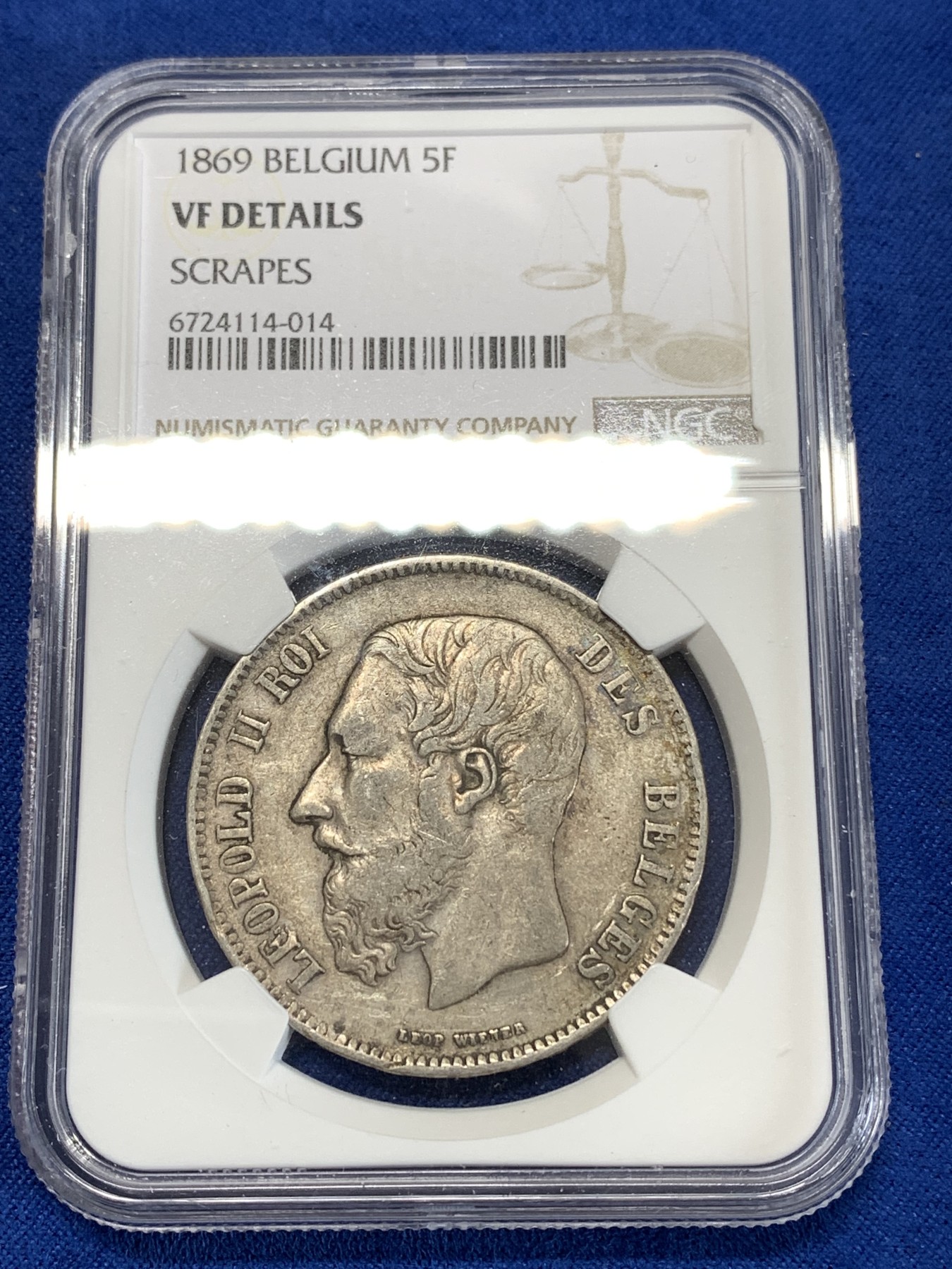 《竞宝斋》第263场-周日，周一 2场连拍 (全场包邮) NGC VFD 比利时 1869年 利奥波德二世 5法郎 银币 原味包浆