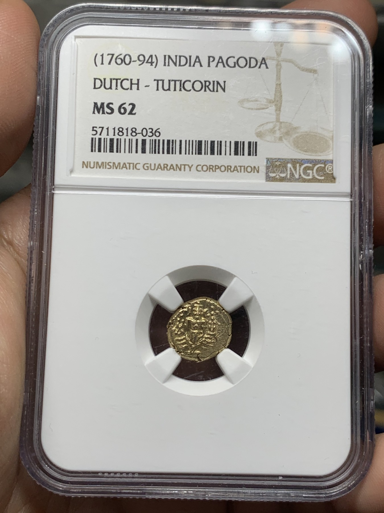 《竞宝斋》第263场-周日，周一 2场连拍 (全场包邮) NGC MS62 荷属印度 1760-94 1 Pagoda金币 约3.42克 少见品种 毗湿奴打制清晰 整体状态难得