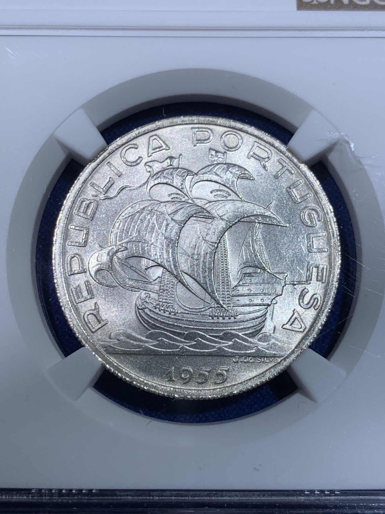 《竞宝斋》第263场-周日，周一 2场连拍 (全场包邮) NGC MS65 葡萄牙1955年大帆船10埃斯库多银币，原光美品，难得的状态