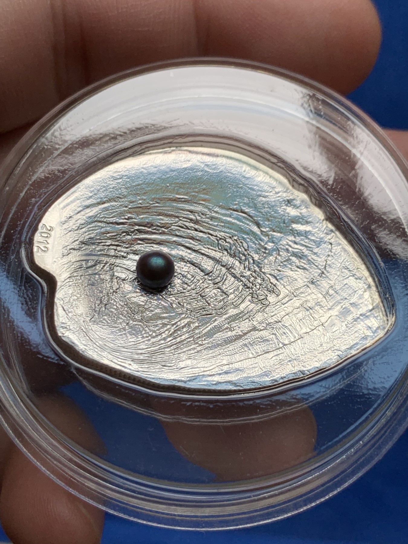 《竞宝斋》第263场-周日，周一 2场连拍 (全场包邮) 帕劳2012年发行玉蚌含珠系列2-鲍鱼壳全息幻彩镶黑珍珠银币 25克 38mm 999银 礼盒装 限量发行2000枚 裸币市价1200+