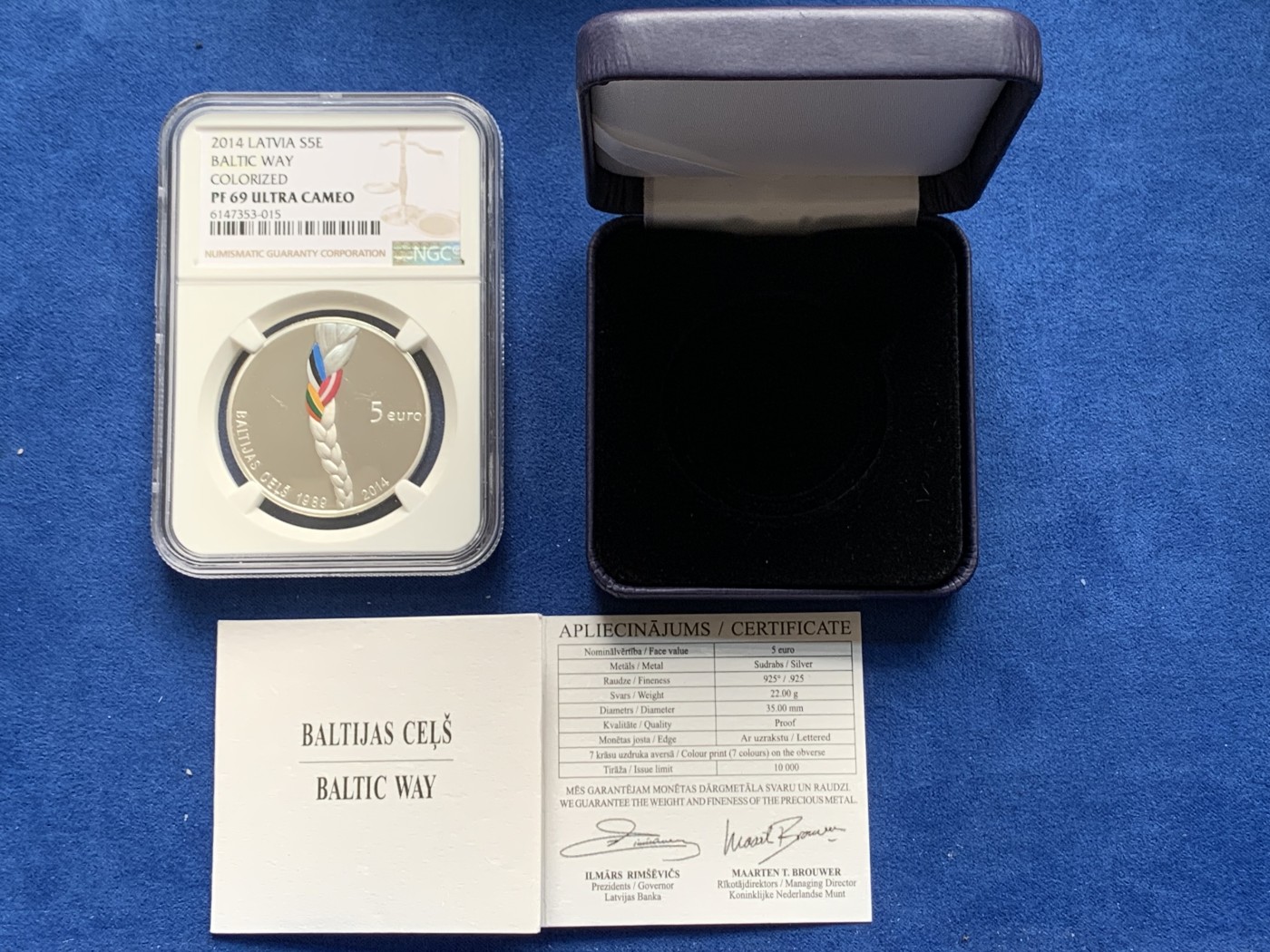 《竞宝斋》第263场-周日，周一 2场连拍 (全场包邮) NGC PF69UC 拉脱维亚2014年发行波罗的海之路独立25周年彩银5欧纪念币（双料大奖币~2015硬币之星最佳银币第二，2016年克劳斯最佳当代事件币）带盒 22克 35mm 925银