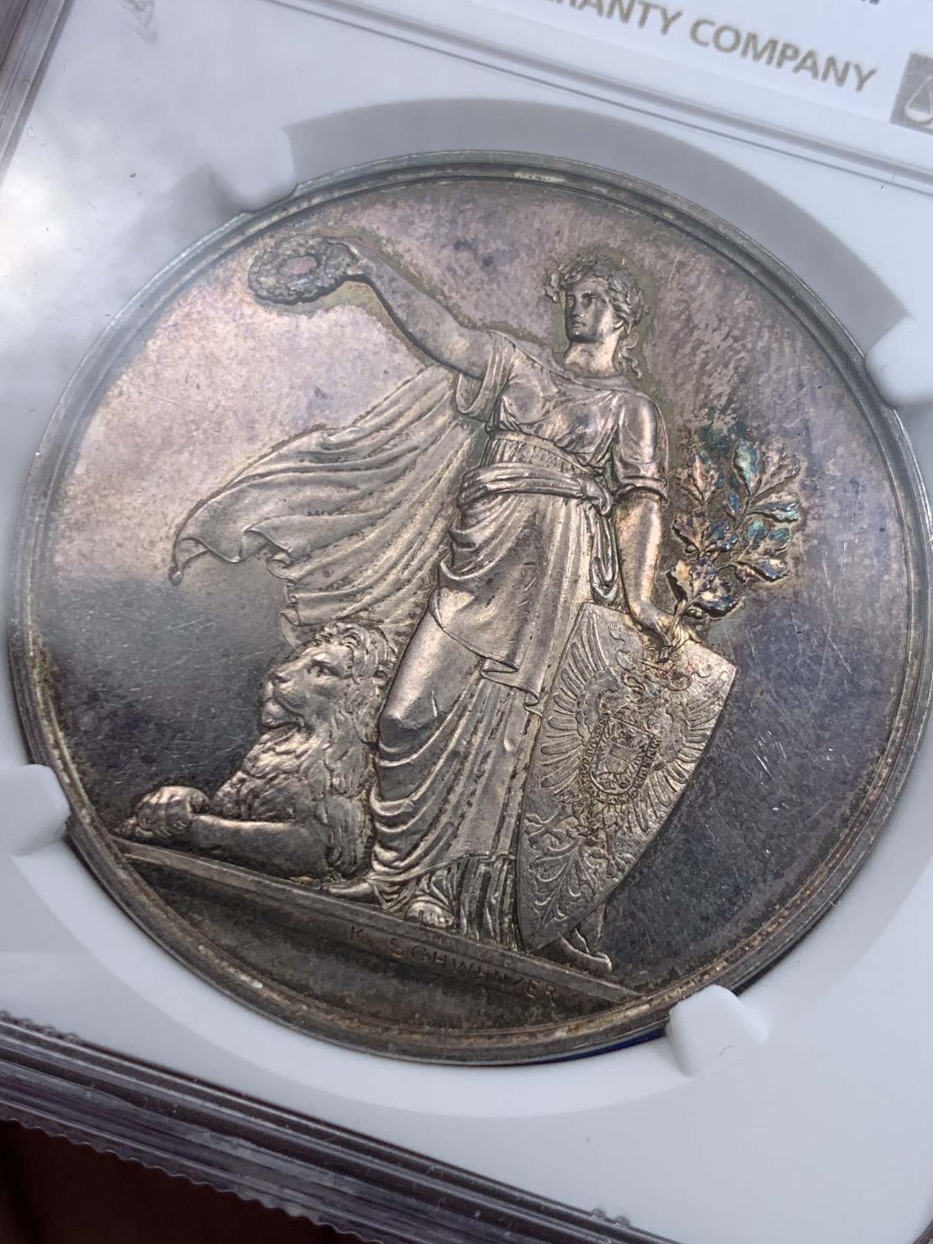 《竞宝斋》第263场-周日，周一 2场连拍 (全场包邮) NGC MS62 德国1875年斯图加特射击节纪念银章，镜面底板，双面五彩包浆，德国早期射击节大银章，稀少品种！