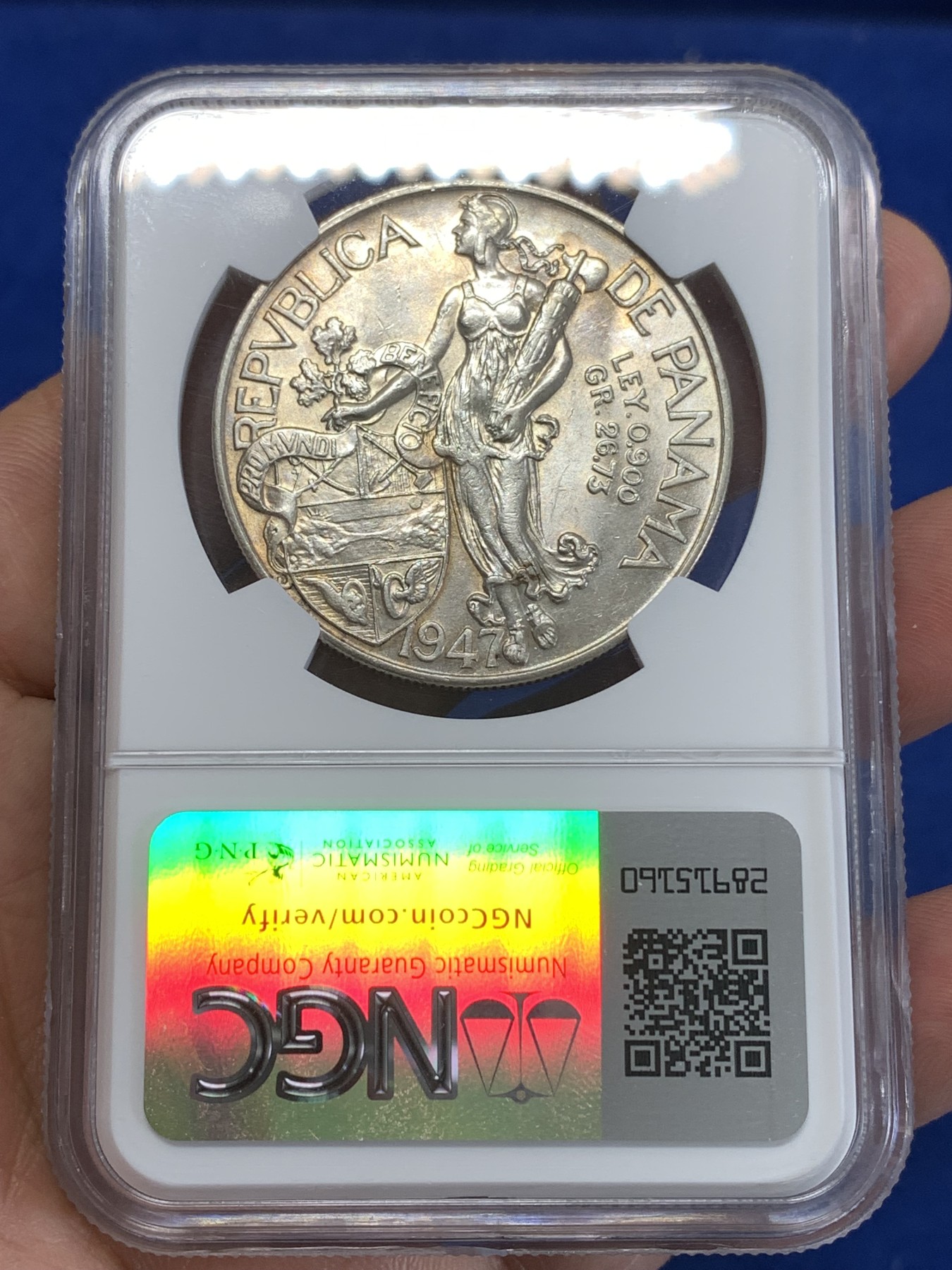 《竞宝斋》第263场-周日，周一 2场连拍 (全场包邮) NGC MS62 巴拿马1947年一巴尔博亚大银币，底板转光，拉丁美洲主币，有上涨空间。