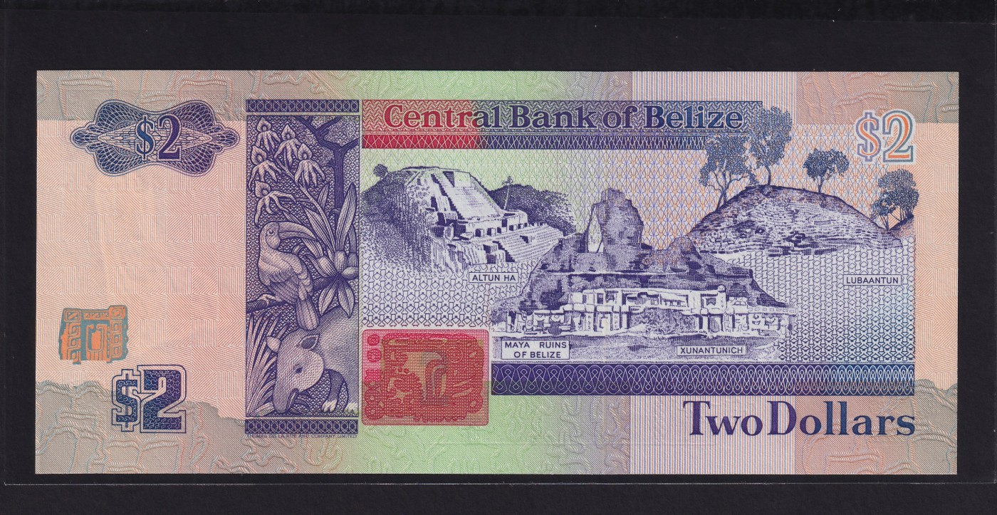 草稿银行第十九期国内外钞票拍卖 伯利兹1991年2元 德纳罗代印 初版长票幅 女王肖像 全新品相