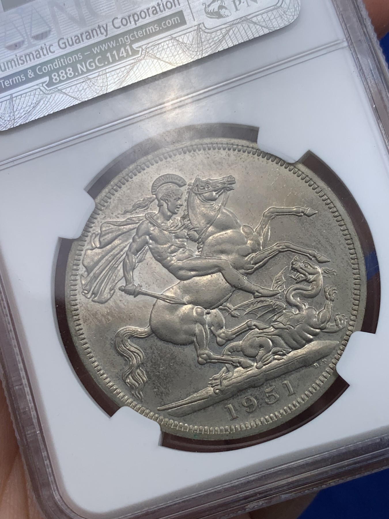 《竞宝斋》第263场-周日，周一 2场连拍 (全场包邮) NGC PL62 英国 1951年 乔治六世克朗 最后的马剑 类精致镍币 老盒子